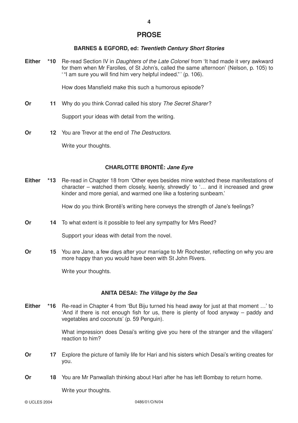 Cambridge IGCSE English - Literature 0486 2004 Oct/Nov Paper 1 · Variant 1 question paper, page 4 of 8