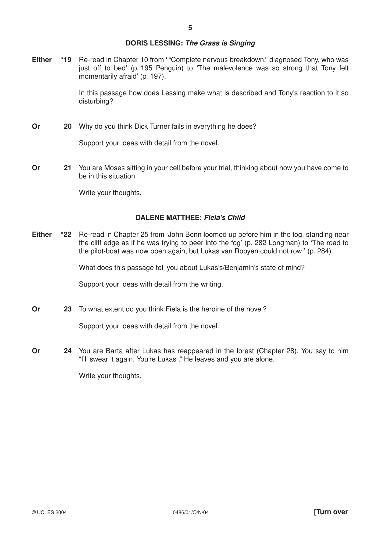 Cambridge IGCSE English - Literature 0486 2004 Oct/Nov Paper 1 · Variant 1 question paper, page 5 of 8