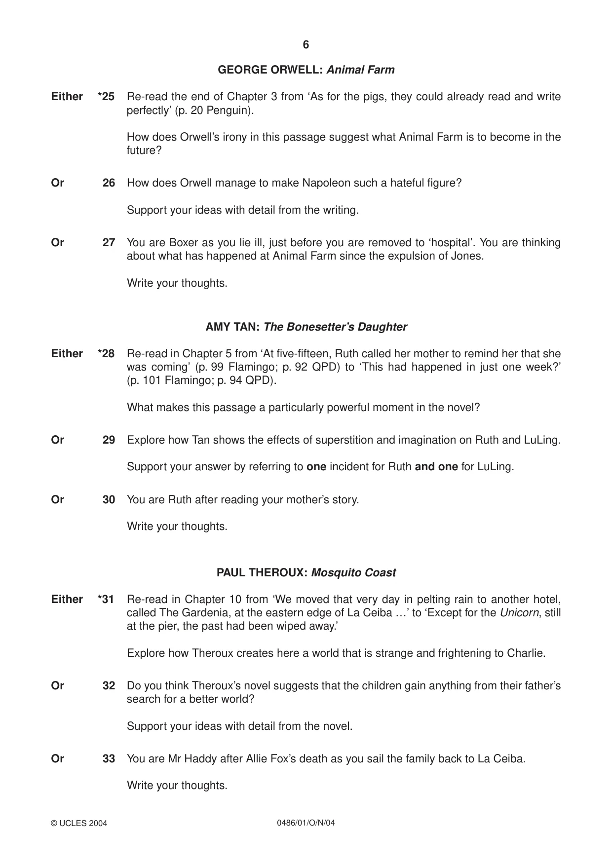 Cambridge IGCSE English - Literature 0486 2004 Oct/Nov Paper 1 · Variant 1 question paper, page 6 of 8