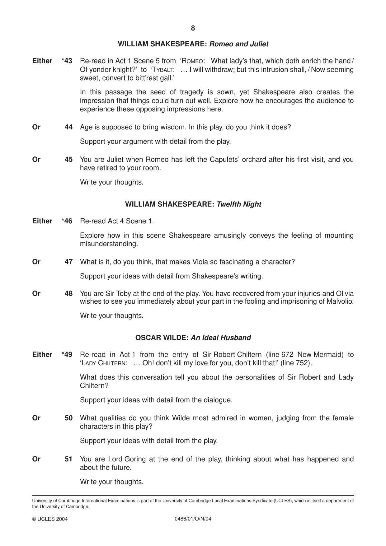 Cambridge IGCSE English - Literature 0486 2004 Oct/Nov Paper 1 · Variant 1 question paper, page 8 of 8