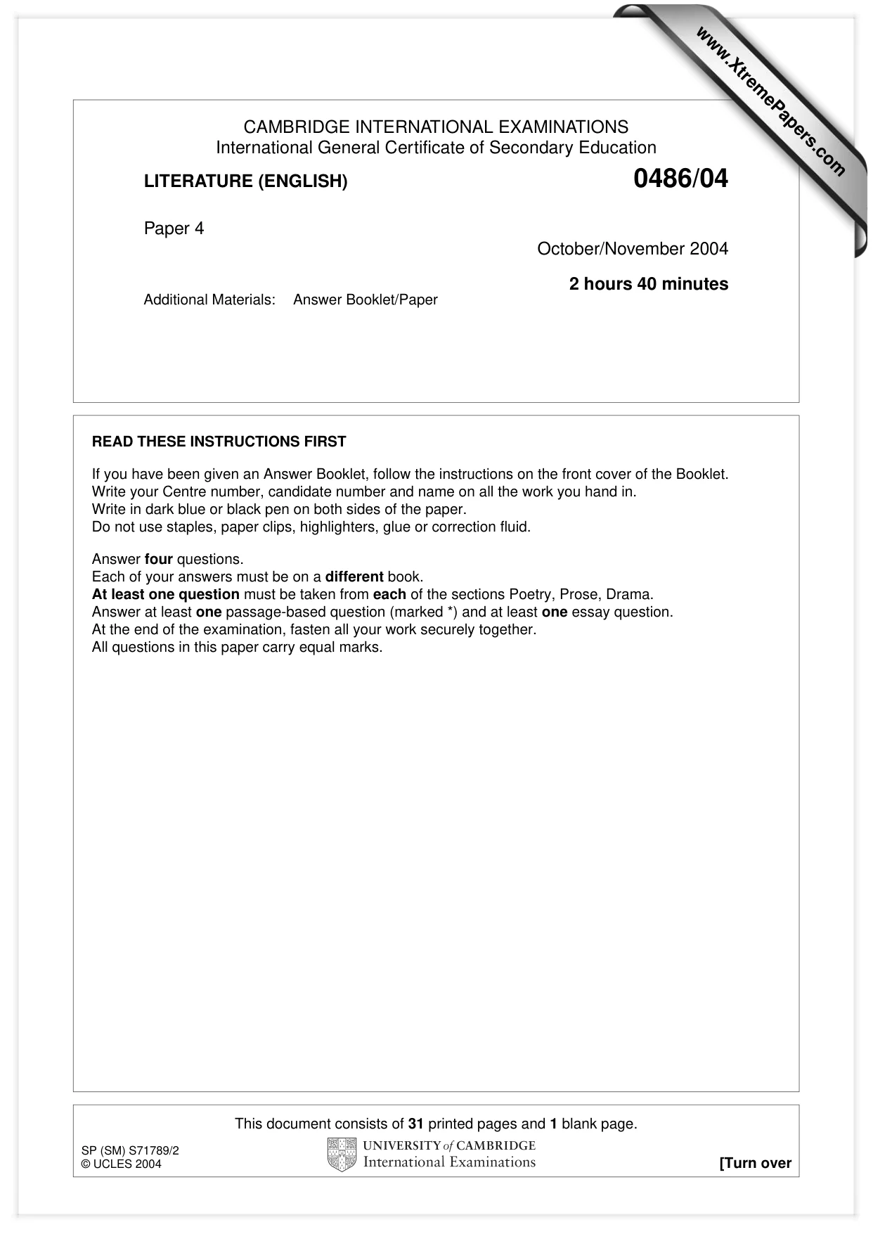 Cambridge IGCSE English - Literature 0486 2004 Oct/Nov Paper 4 · Variant 1 question paper, page 1 of 32