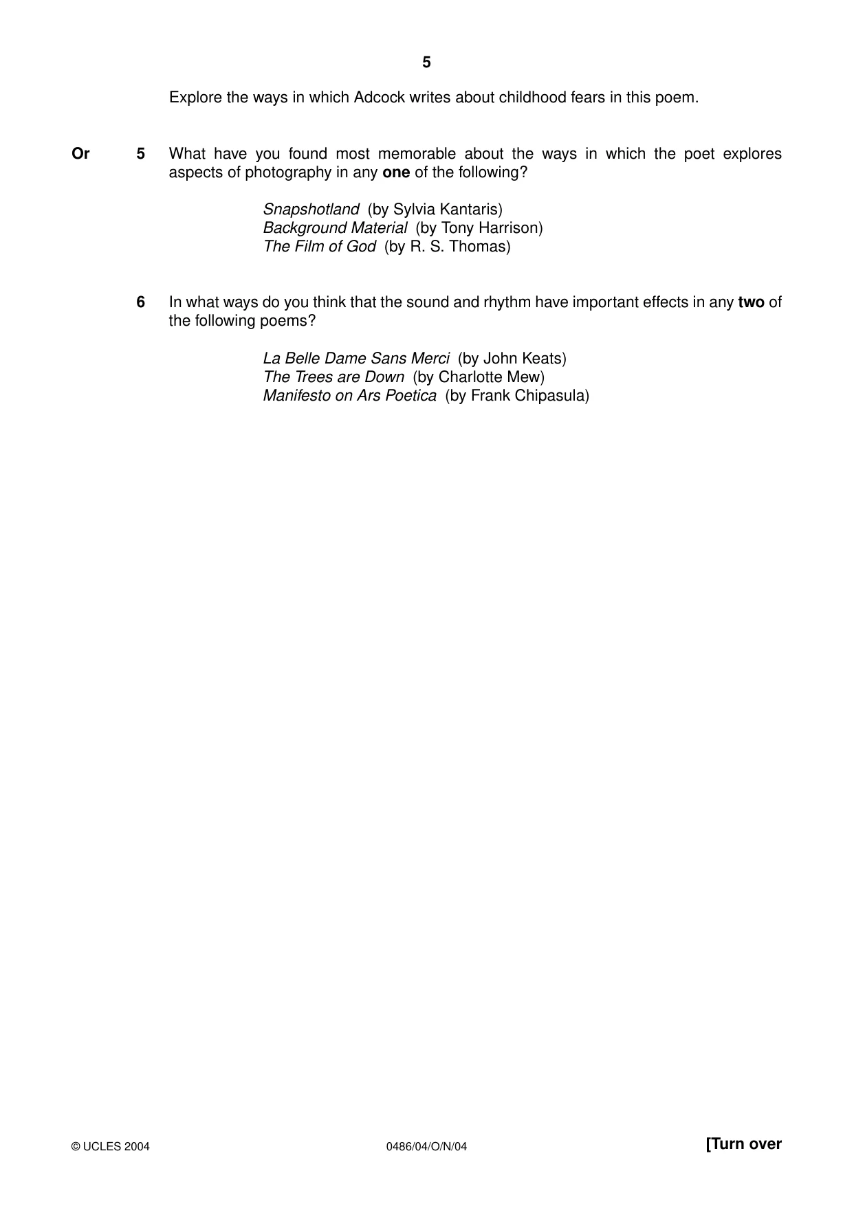 Cambridge IGCSE English - Literature 0486 2004 Oct/Nov Paper 4 · Variant 1 question paper, page 5 of 32