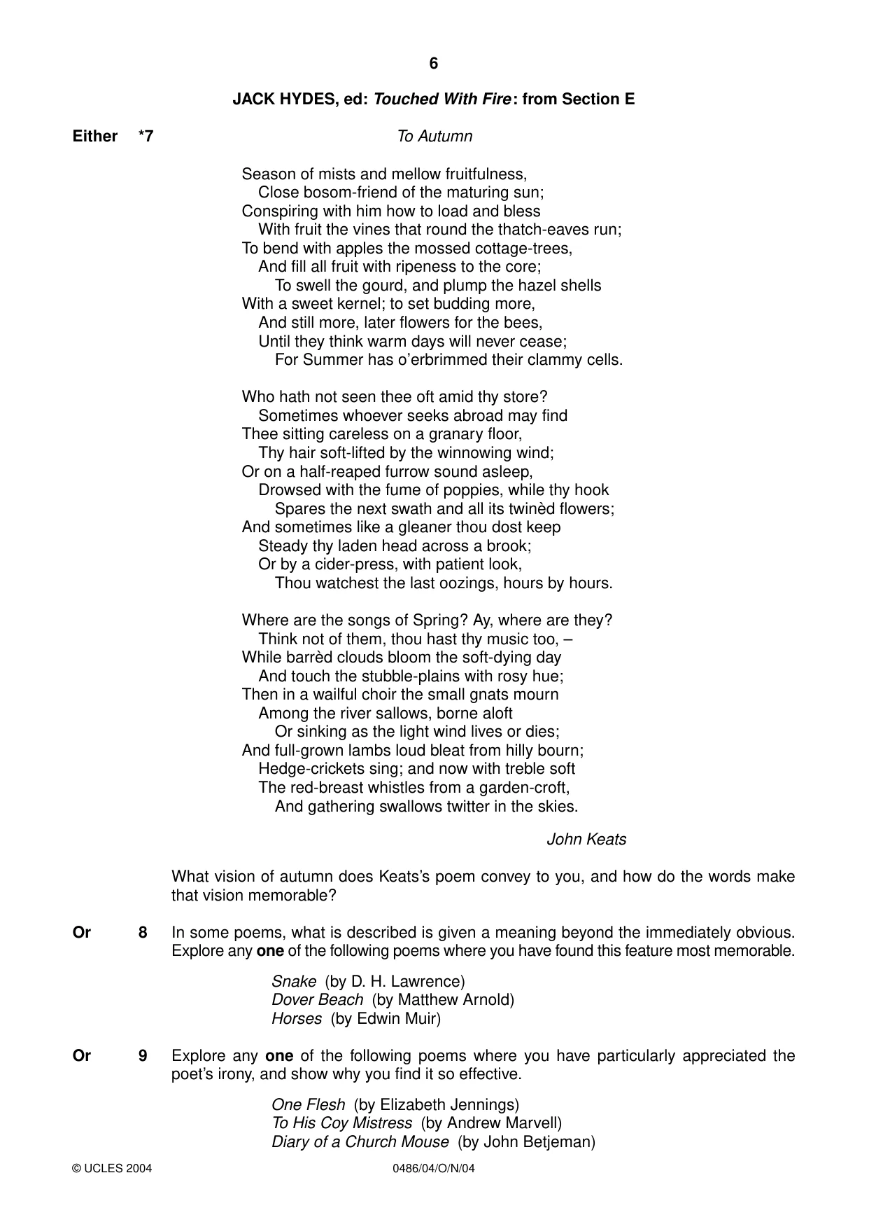 Cambridge IGCSE English - Literature 0486 2004 Oct/Nov Paper 4 · Variant 1 question paper, page 6 of 32