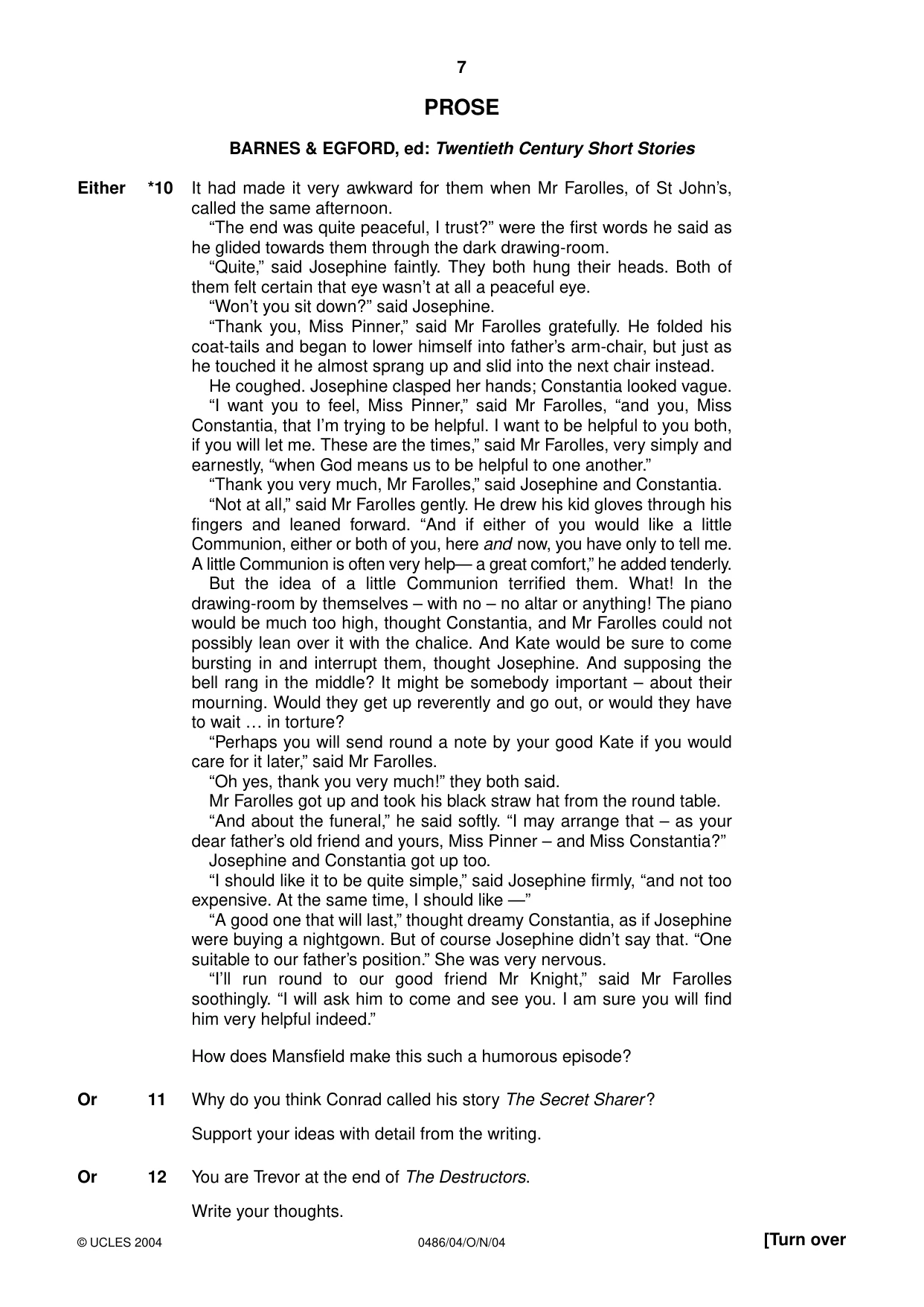 Cambridge IGCSE English - Literature 0486 2004 Oct/Nov Paper 4 · Variant 1 question paper, page 7 of 32