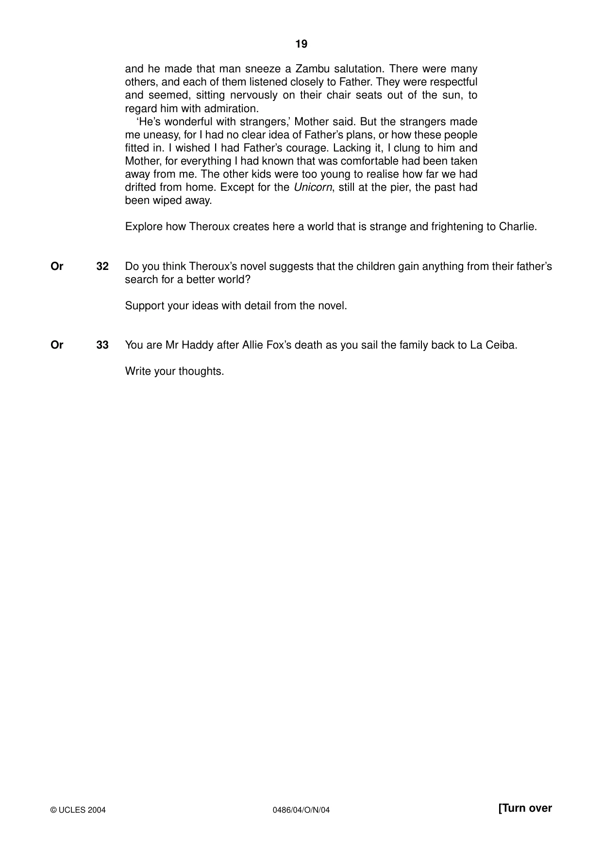 Cambridge IGCSE English - Literature 0486 2004 Oct/Nov Paper 4 · Variant 1 question paper, page 19 of 32