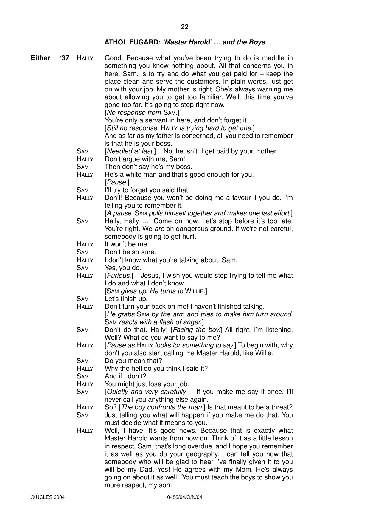 Cambridge IGCSE English - Literature 0486 2004 Oct/Nov Paper 4 · Variant 1 question paper, page 22 of 32