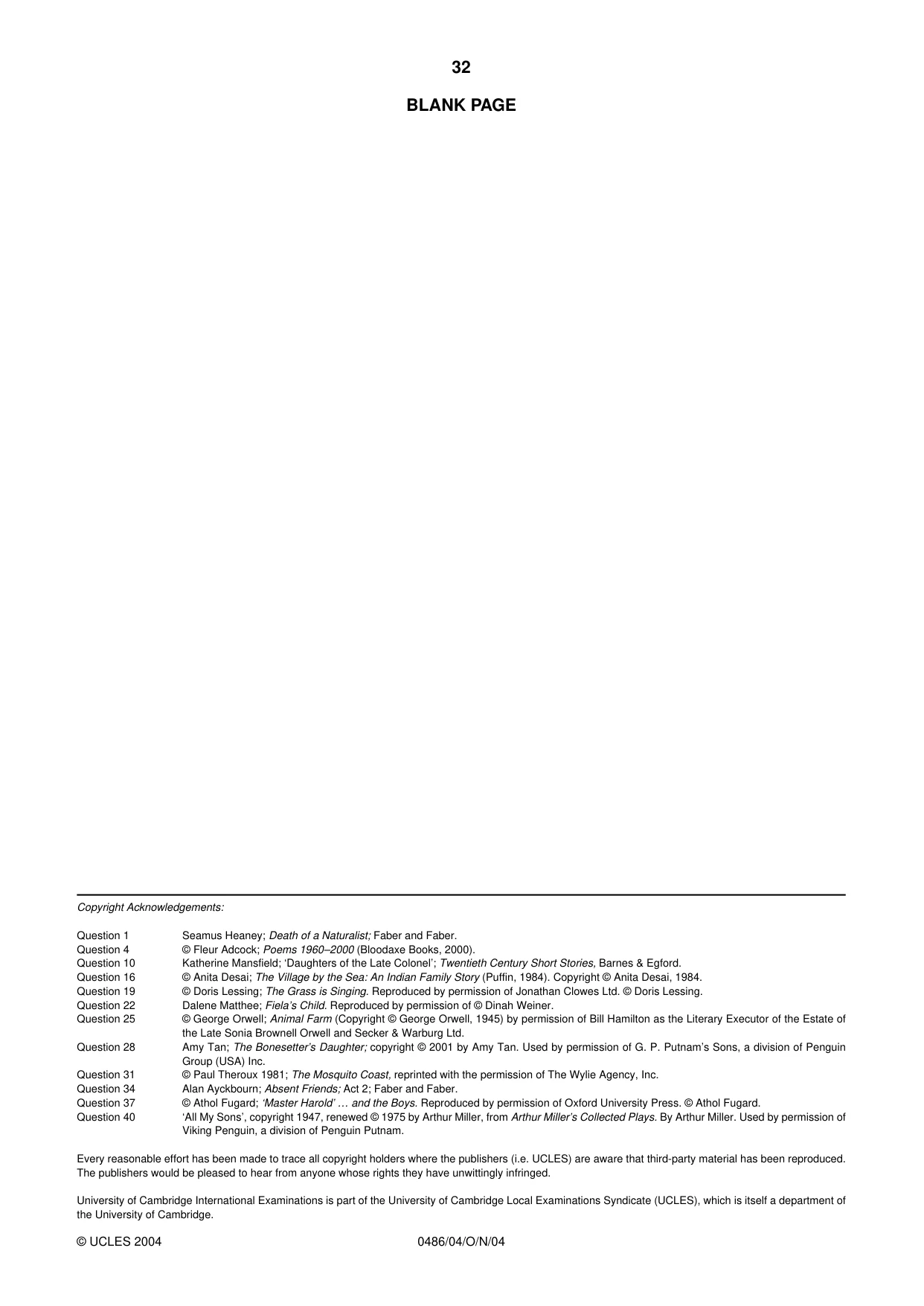 Cambridge IGCSE English - Literature 0486 2004 Oct/Nov Paper 4 · Variant 1 question paper, page 32 of 32