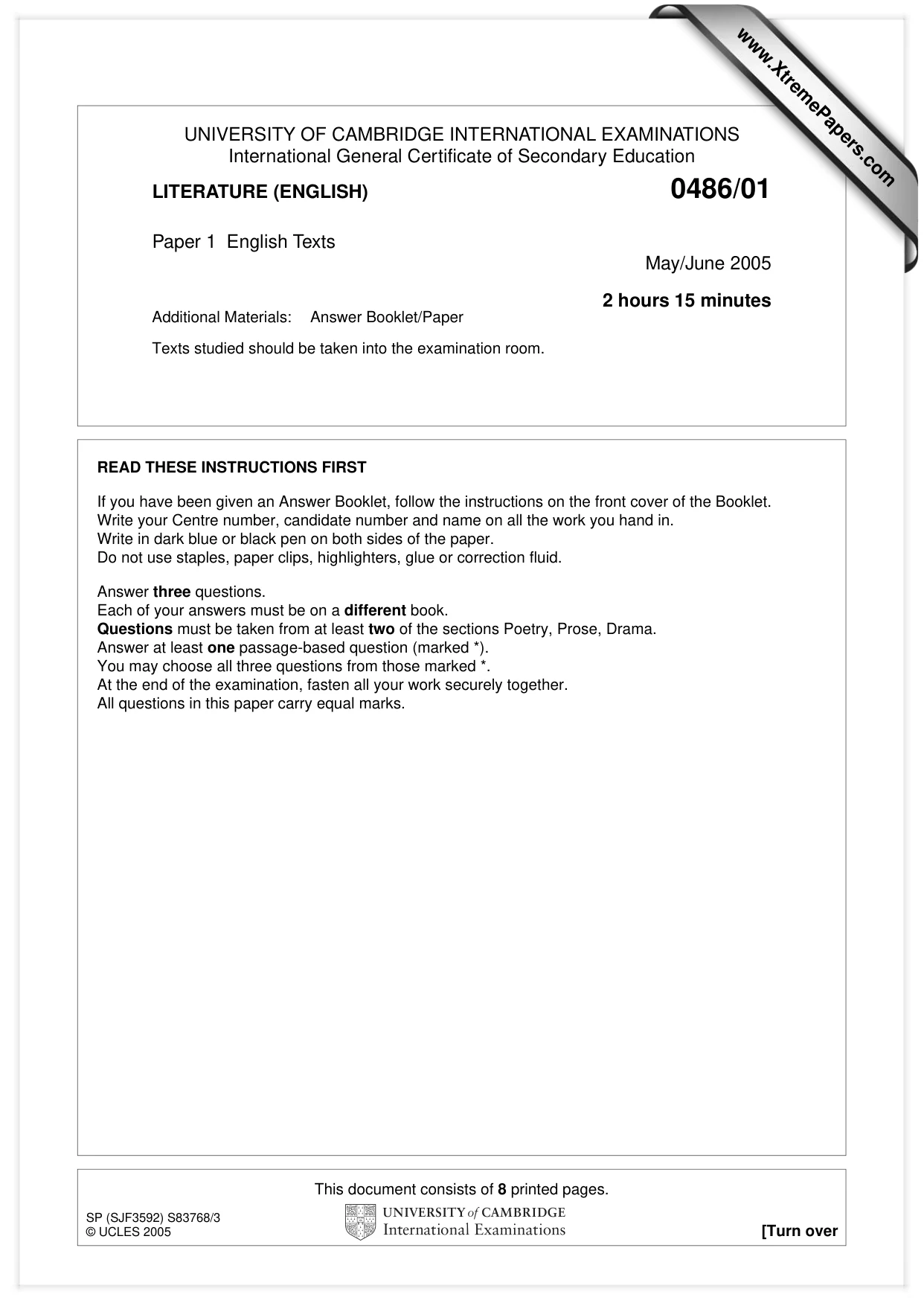 Cambridge IGCSE English - Literature 0486 2005 May/June Paper 1 · Variant 1 question paper, page 1 of 8