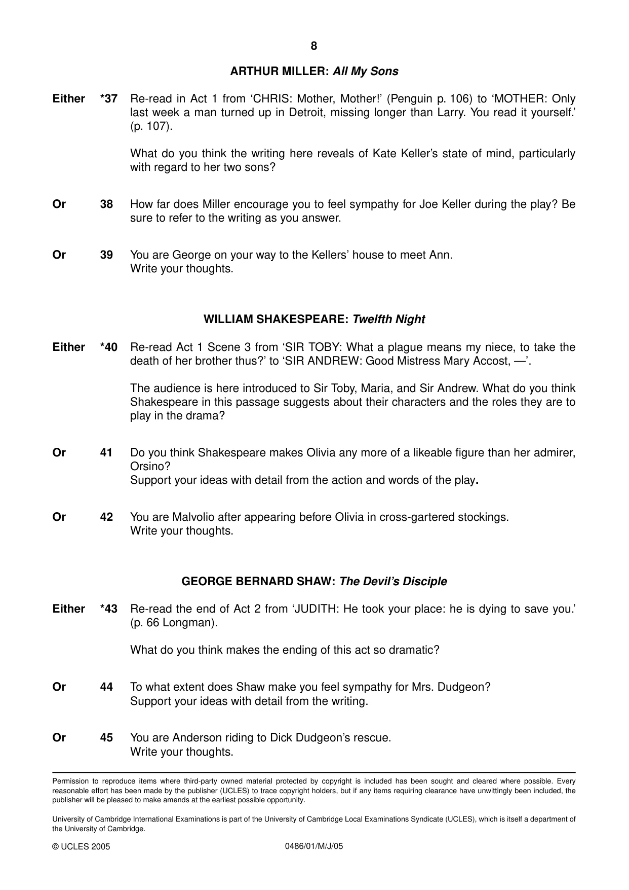 Cambridge IGCSE English - Literature 0486 2005 May/June Paper 1 · Variant 1 question paper, page 8 of 8