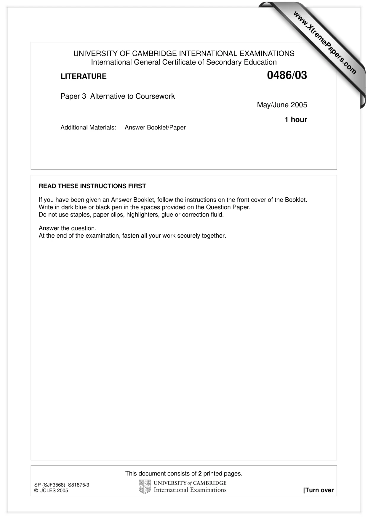 Cambridge IGCSE English - Literature 0486 2005 May/June Paper 3 · Variant 1 question paper, page 1 of 2