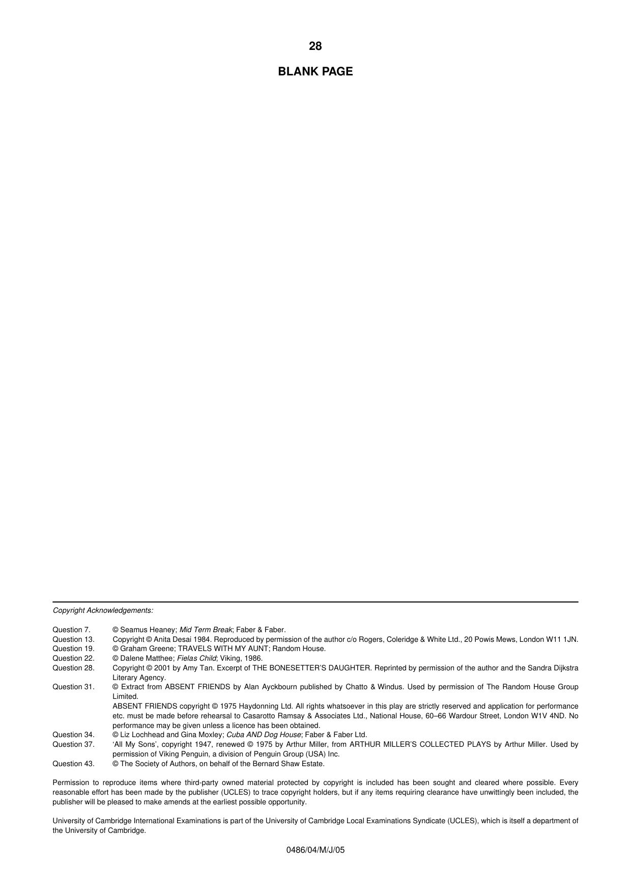 Cambridge IGCSE English - Literature 0486 2005 May/June Paper 4 · Variant 1 question paper, page 28 of 28