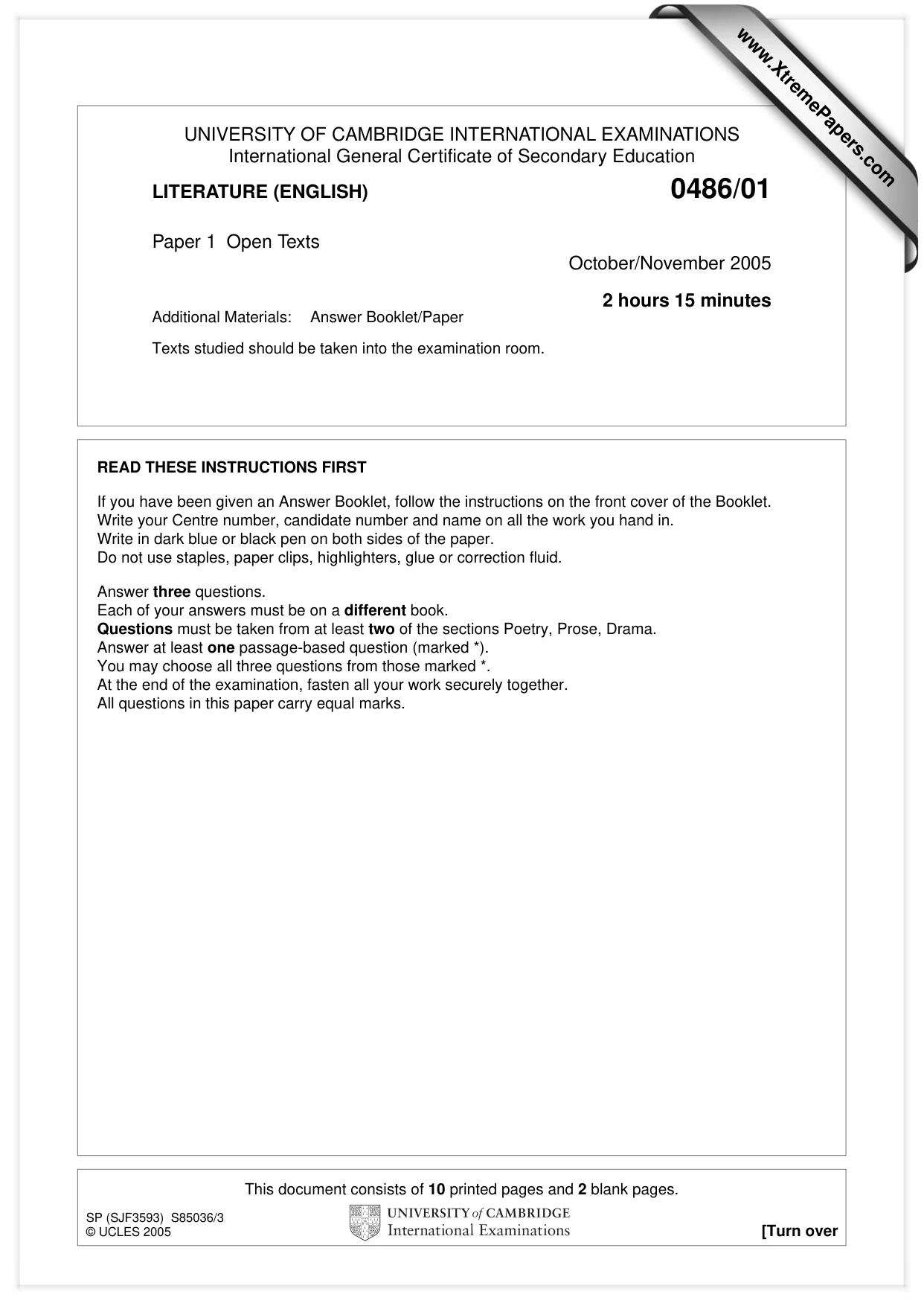 Cambridge IGCSE English - Literature 0486 2005 Oct/Nov Paper 1 · Variant 1 question paper, page 1 of 12
