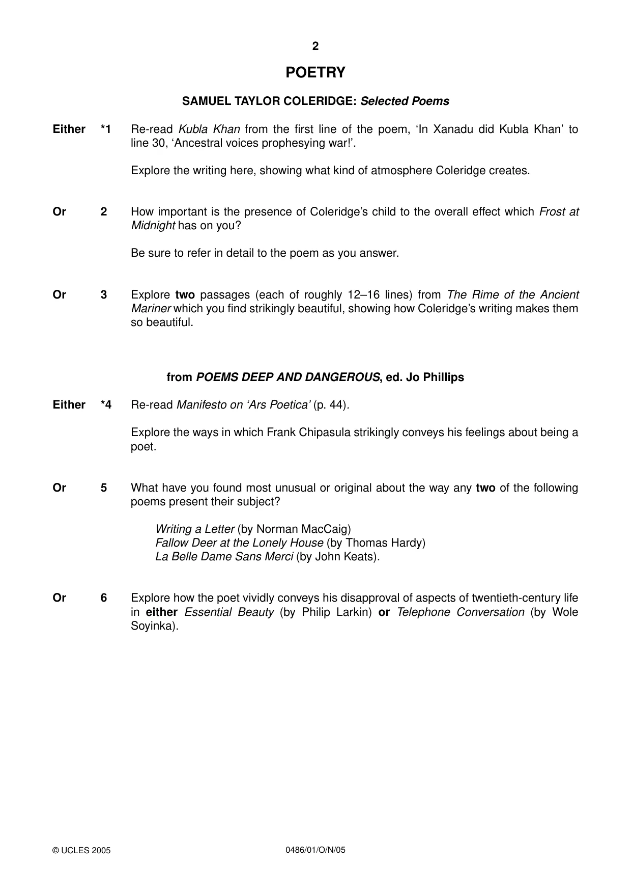 Cambridge IGCSE English - Literature 0486 2005 Oct/Nov Paper 1 · Variant 1 question paper, page 2 of 12