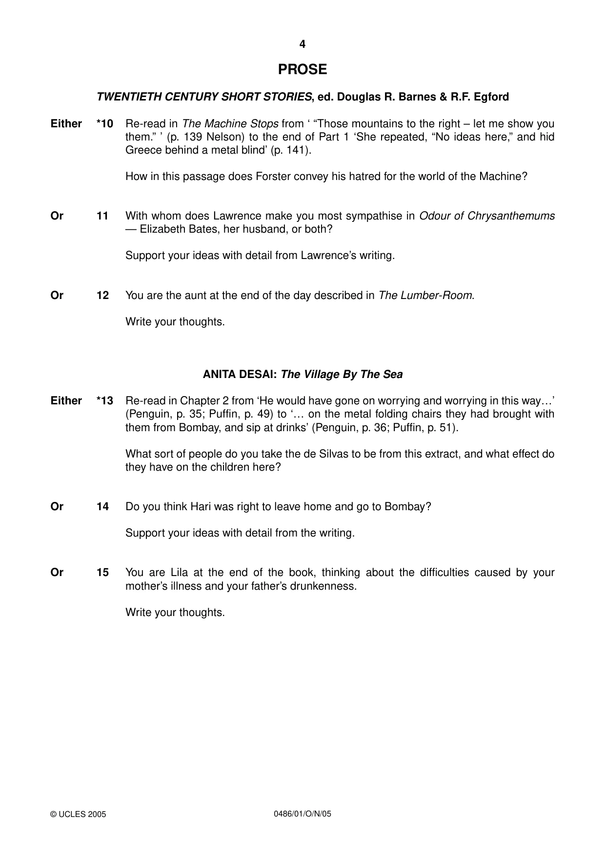 Cambridge IGCSE English - Literature 0486 2005 Oct/Nov Paper 1 · Variant 1 question paper, page 4 of 12