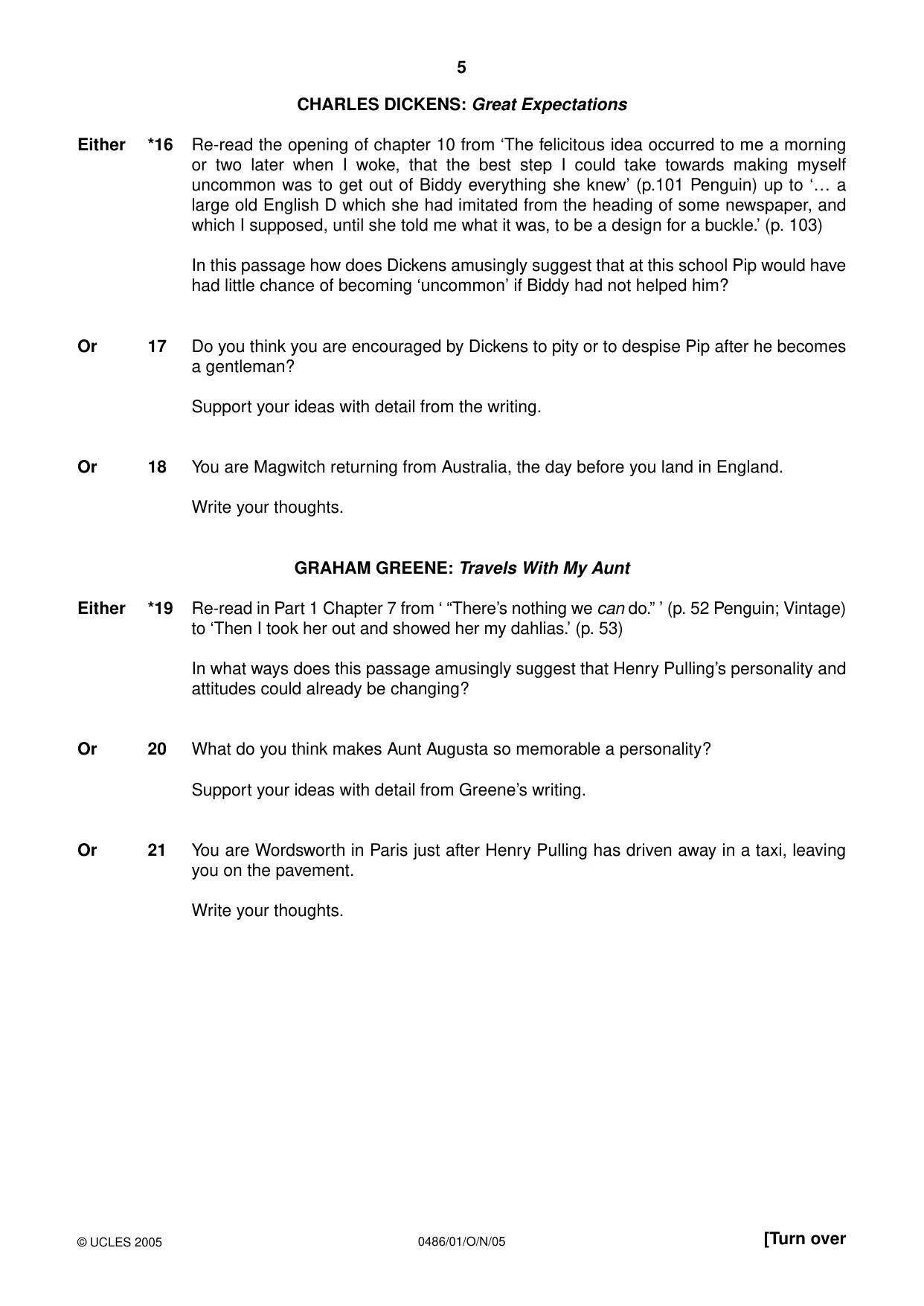 Cambridge IGCSE English - Literature 0486 2005 Oct/Nov Paper 1 · Variant 1 question paper, page 5 of 12