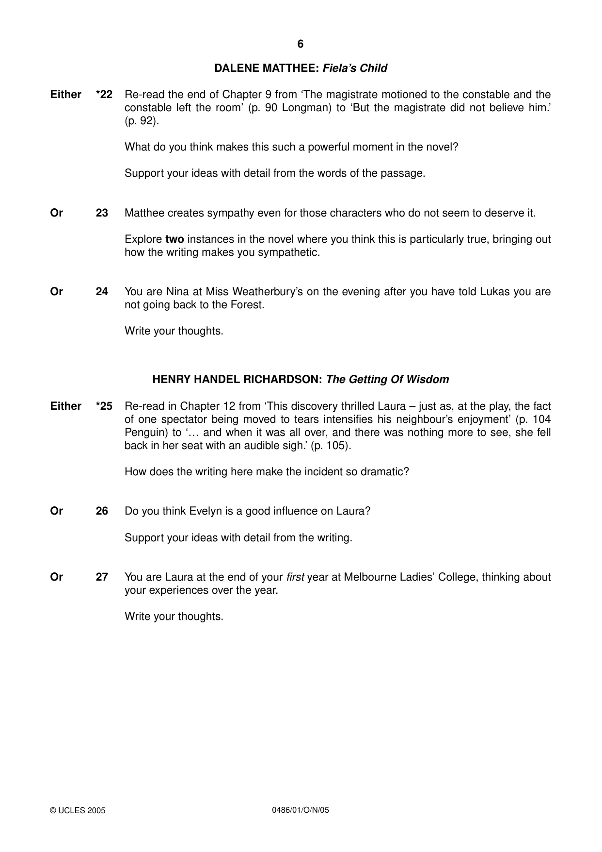 Cambridge IGCSE English - Literature 0486 2005 Oct/Nov Paper 1 · Variant 1 question paper, page 6 of 12