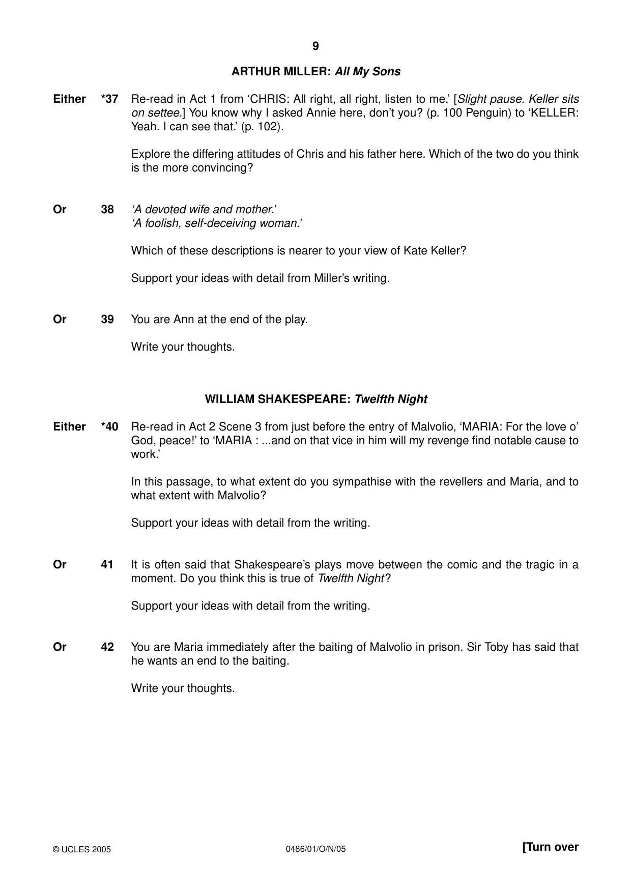 Cambridge IGCSE English - Literature 0486 2005 Oct/Nov Paper 1 · Variant 1 question paper, page 9 of 12