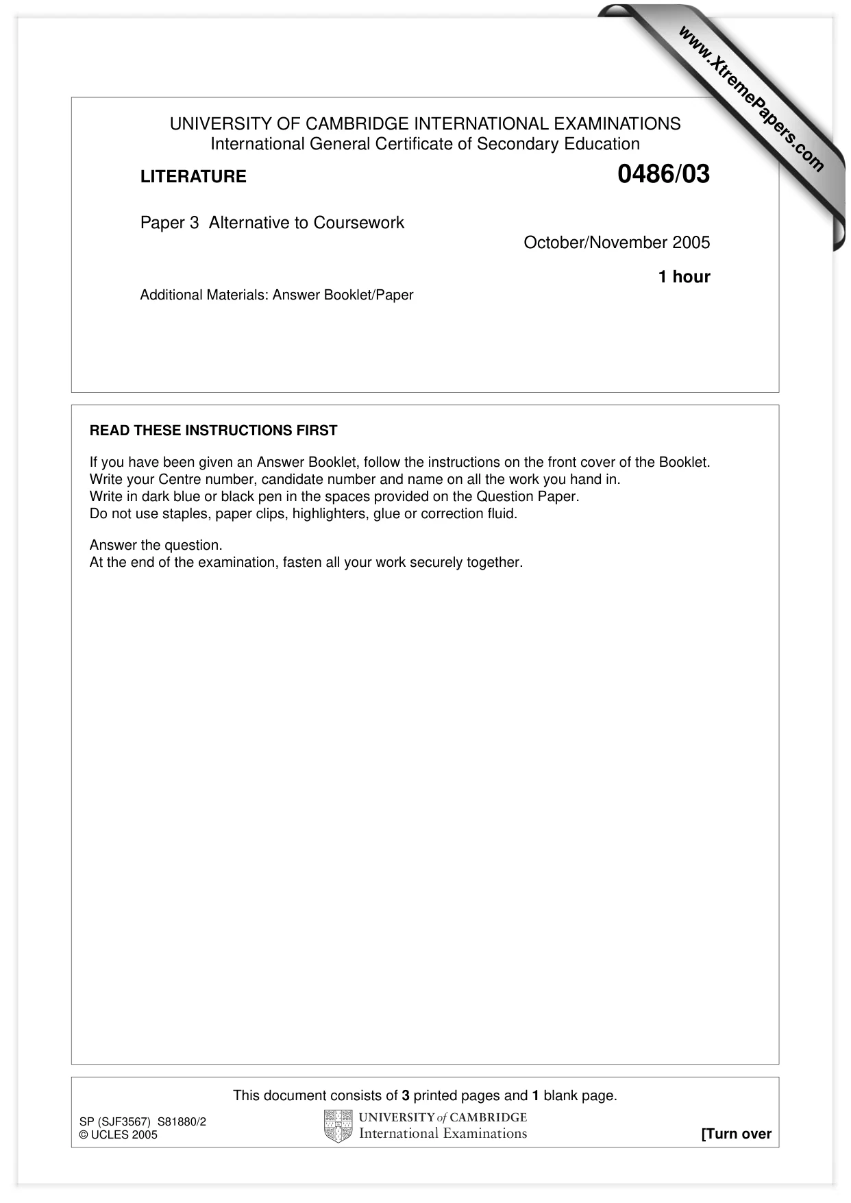 Cambridge IGCSE English - Literature 0486 2005 Oct/Nov Paper 3 · Variant 1 question paper, page 1 of 4