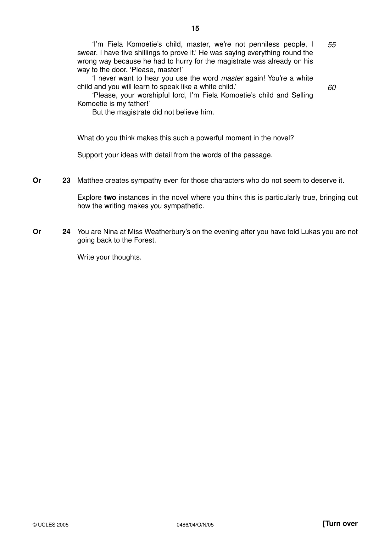 Cambridge IGCSE English - Literature 0486 2005 Oct/Nov Paper 4 · Variant 1 question paper, page 15 of 32