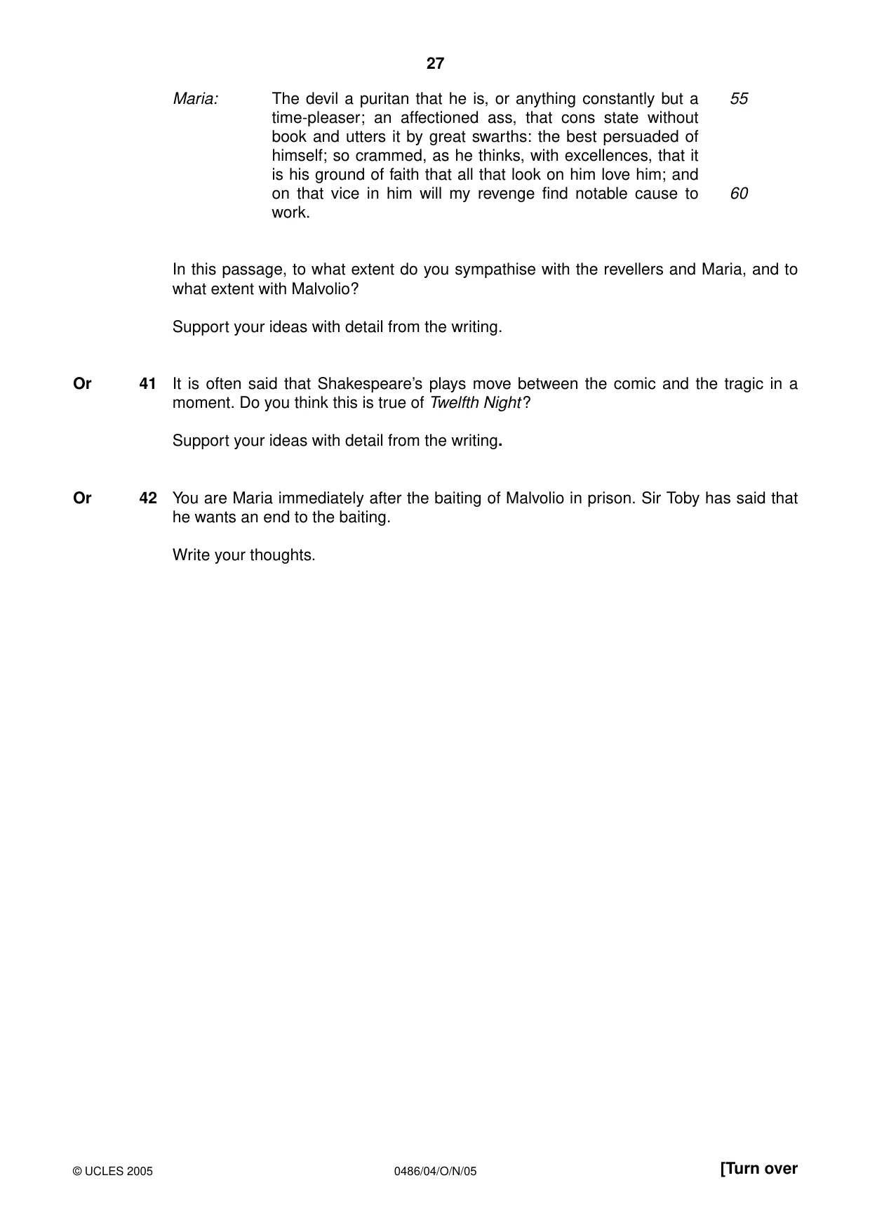 Cambridge IGCSE English - Literature 0486 2005 Oct/Nov Paper 4 · Variant 1 question paper, page 27 of 32