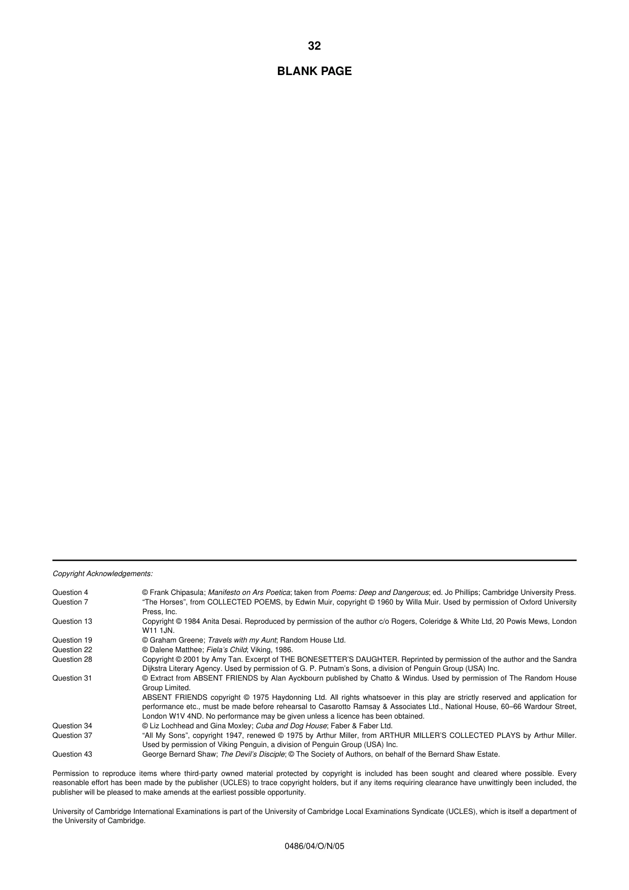 Cambridge IGCSE English - Literature 0486 2005 Oct/Nov Paper 4 · Variant 1 question paper, page 32 of 32