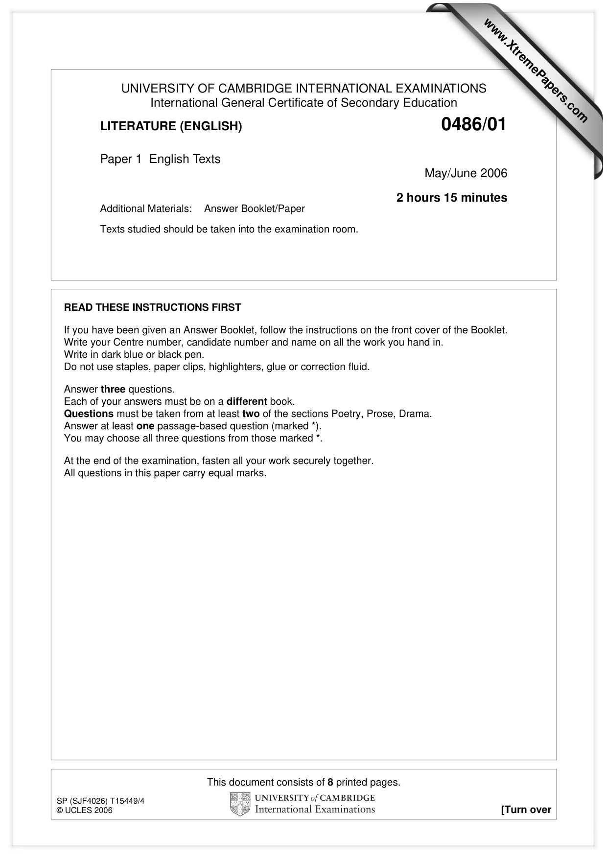 Cambridge IGCSE English - Literature 0486 2006 May/June Paper 1 · Variant 1 question paper, page 1 of 8