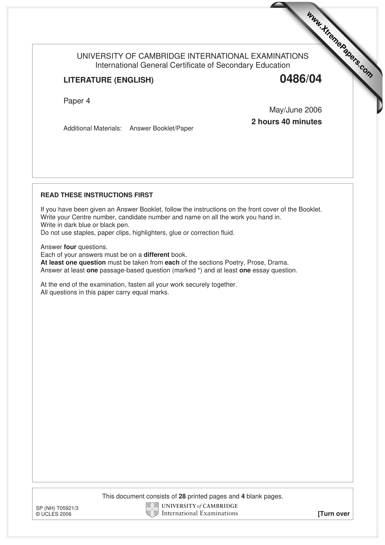 Cambridge IGCSE English - Literature 0486 2006 May/June Paper 4 · Variant 1 question paper, page 1 of 28
