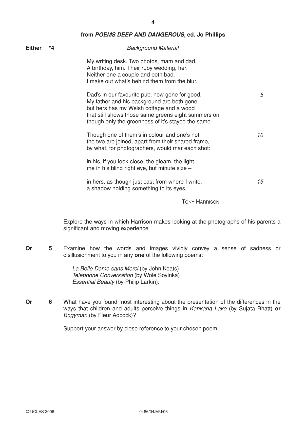 Cambridge IGCSE English - Literature 0486 2006 May/June Paper 4 · Variant 1 question paper, page 4 of 28