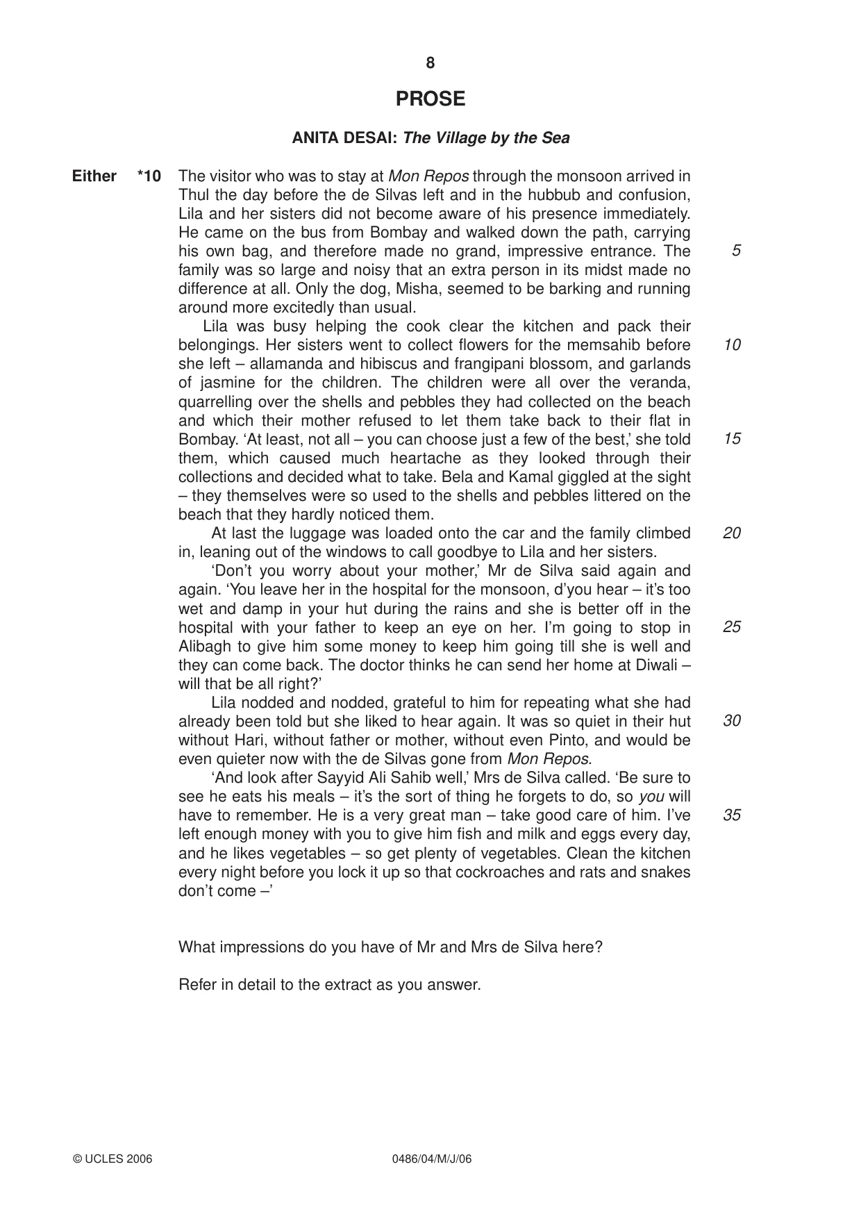 Cambridge IGCSE English - Literature 0486 2006 May/June Paper 4 · Variant 1 question paper, page 8 of 28