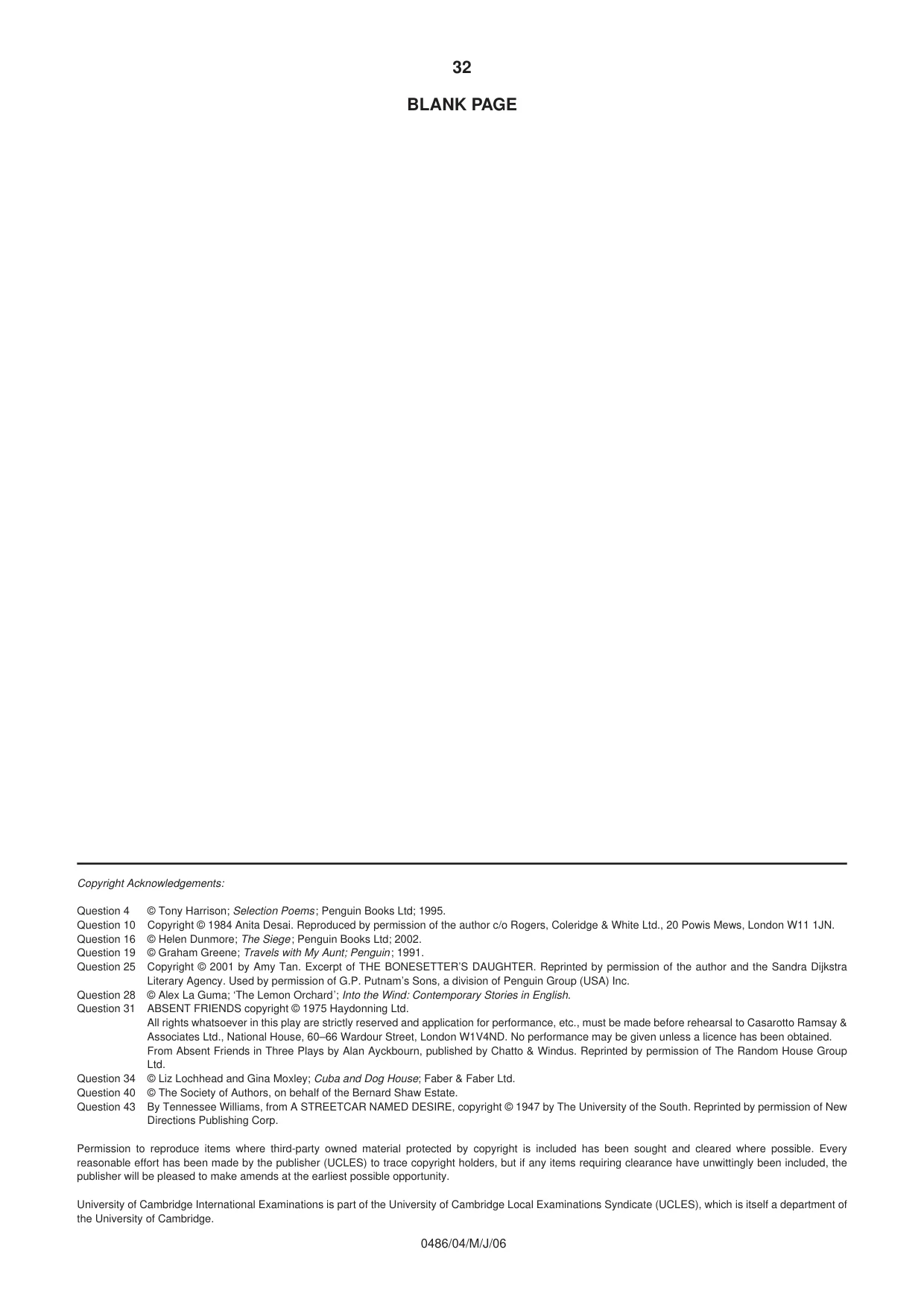 Cambridge IGCSE English - Literature 0486 2006 May/June Paper 4 · Variant 1 question paper, page 28 of 28