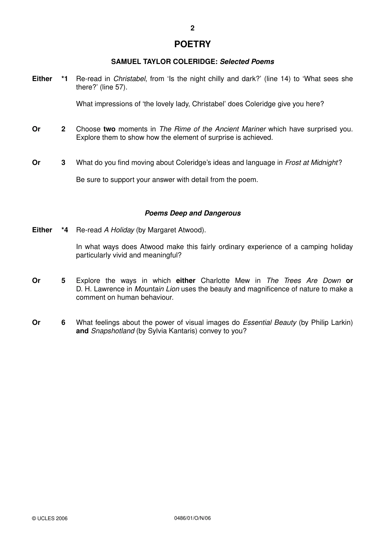 Cambridge IGCSE English - Literature 0486 2006 Oct/Nov Paper 1 · Variant 1 question paper, page 2 of 8
