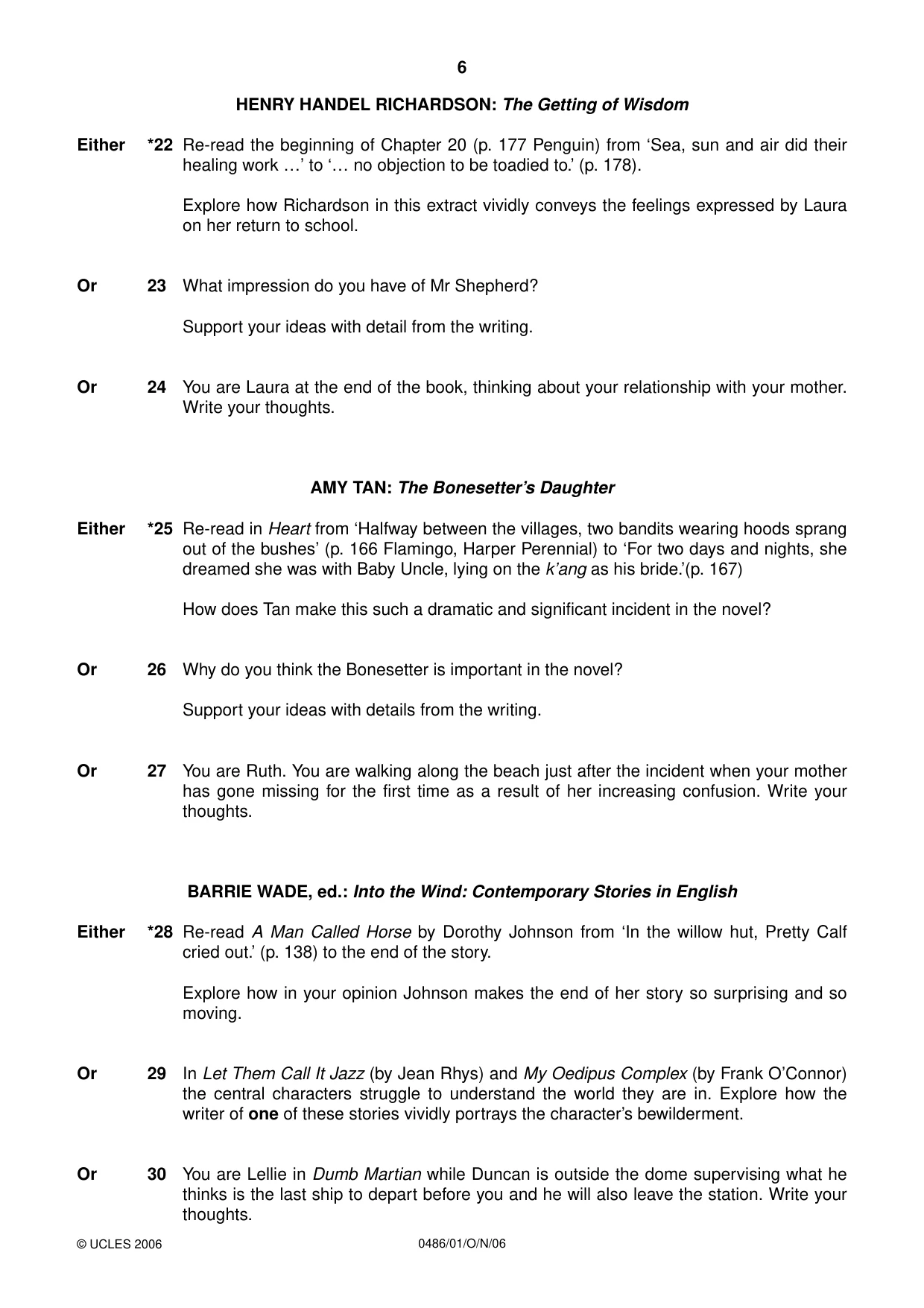 Cambridge IGCSE English - Literature 0486 2006 Oct/Nov Paper 1 · Variant 1 question paper, page 6 of 8