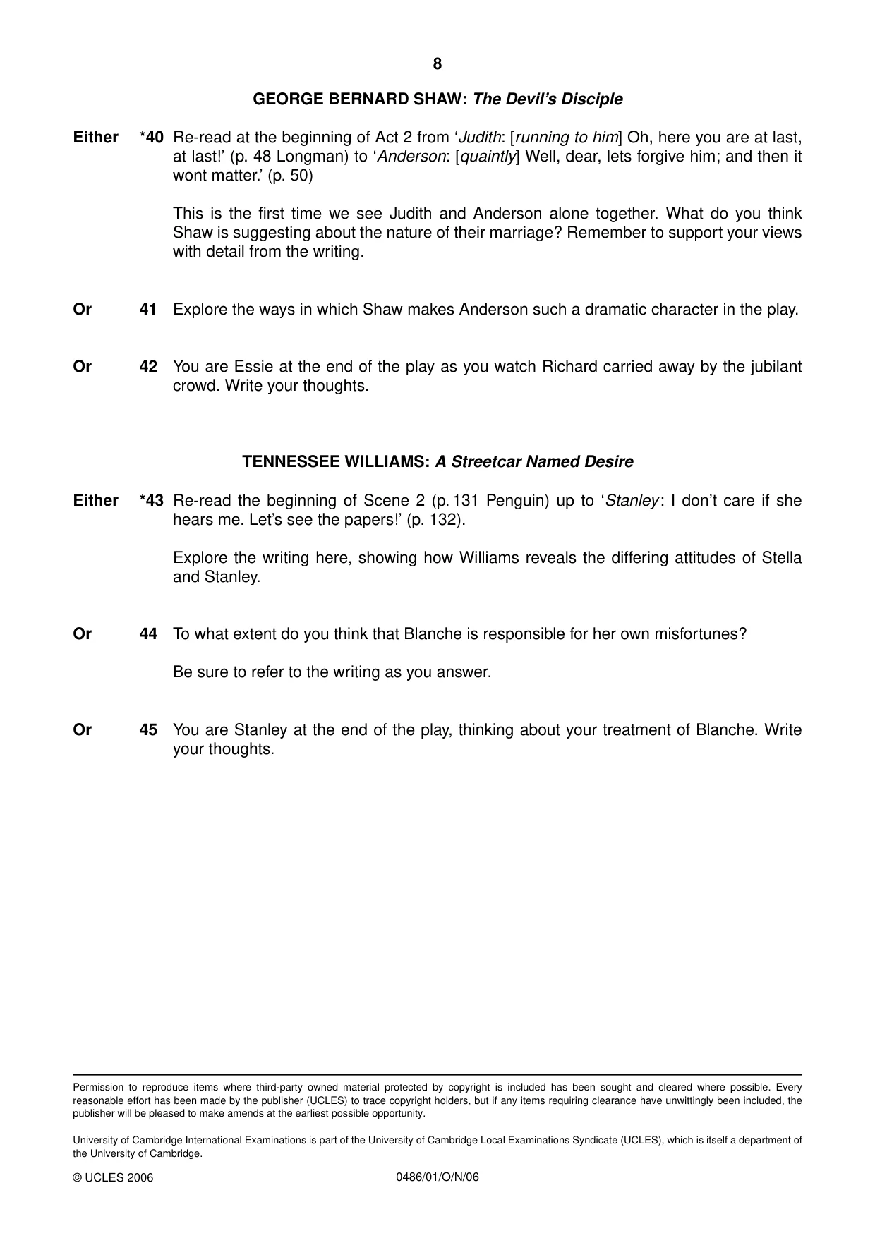 Cambridge IGCSE English - Literature 0486 2006 Oct/Nov Paper 1 · Variant 1 question paper, page 8 of 8