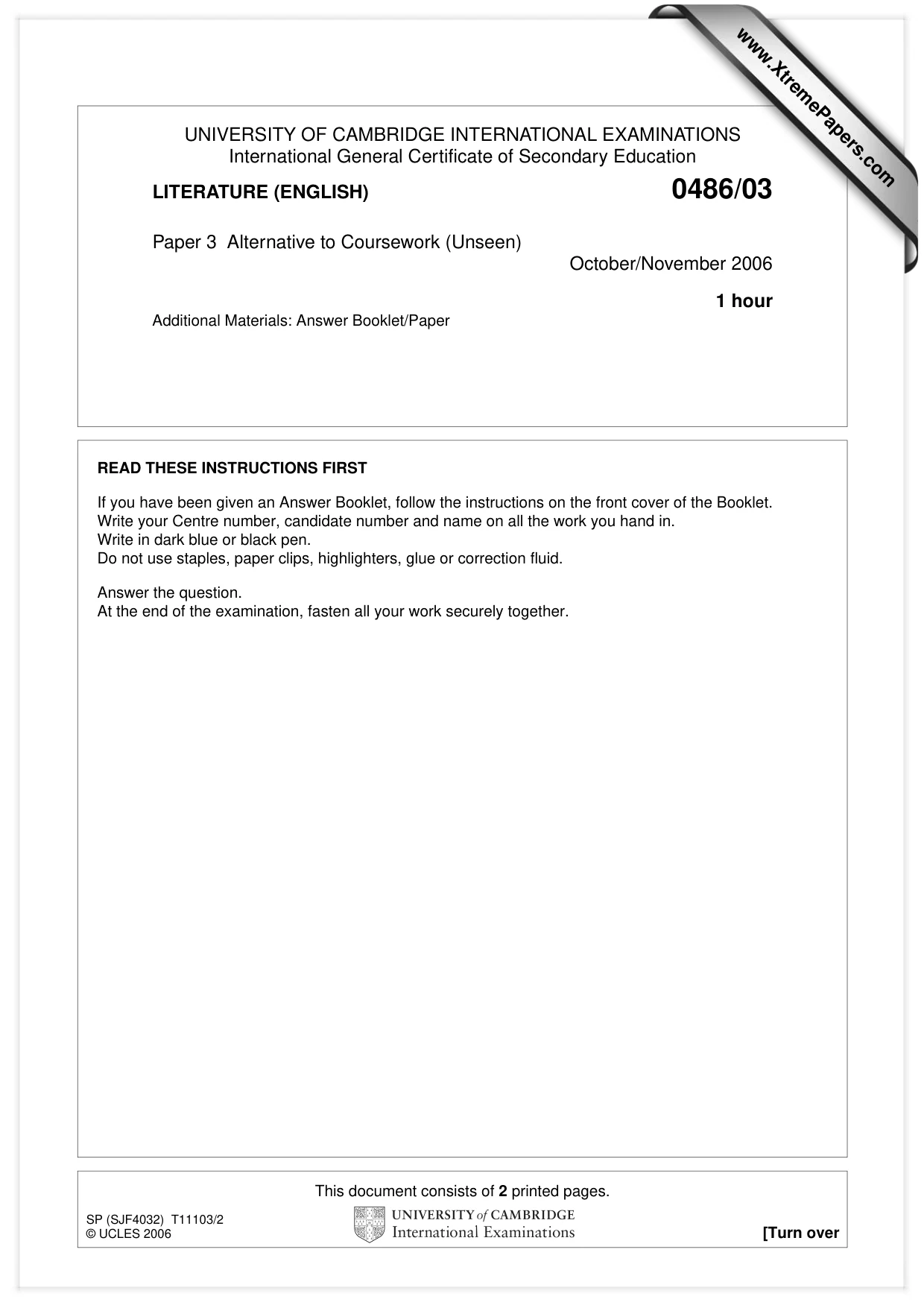 Cambridge IGCSE English - Literature 0486 2006 Oct/Nov Paper 3 · Variant 1 question paper, page 1 of 2