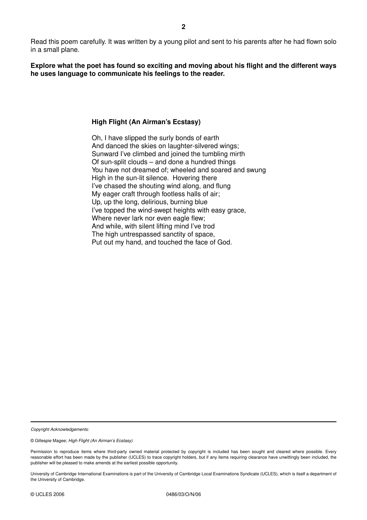 Cambridge IGCSE English - Literature 0486 2006 Oct/Nov Paper 3 · Variant 1 question paper, page 2 of 2