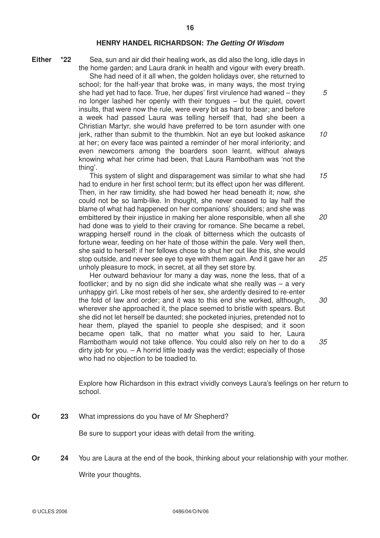 Cambridge IGCSE English - Literature 0486 2006 Oct/Nov Paper 4 · Variant 1 question paper, page 16 of 32