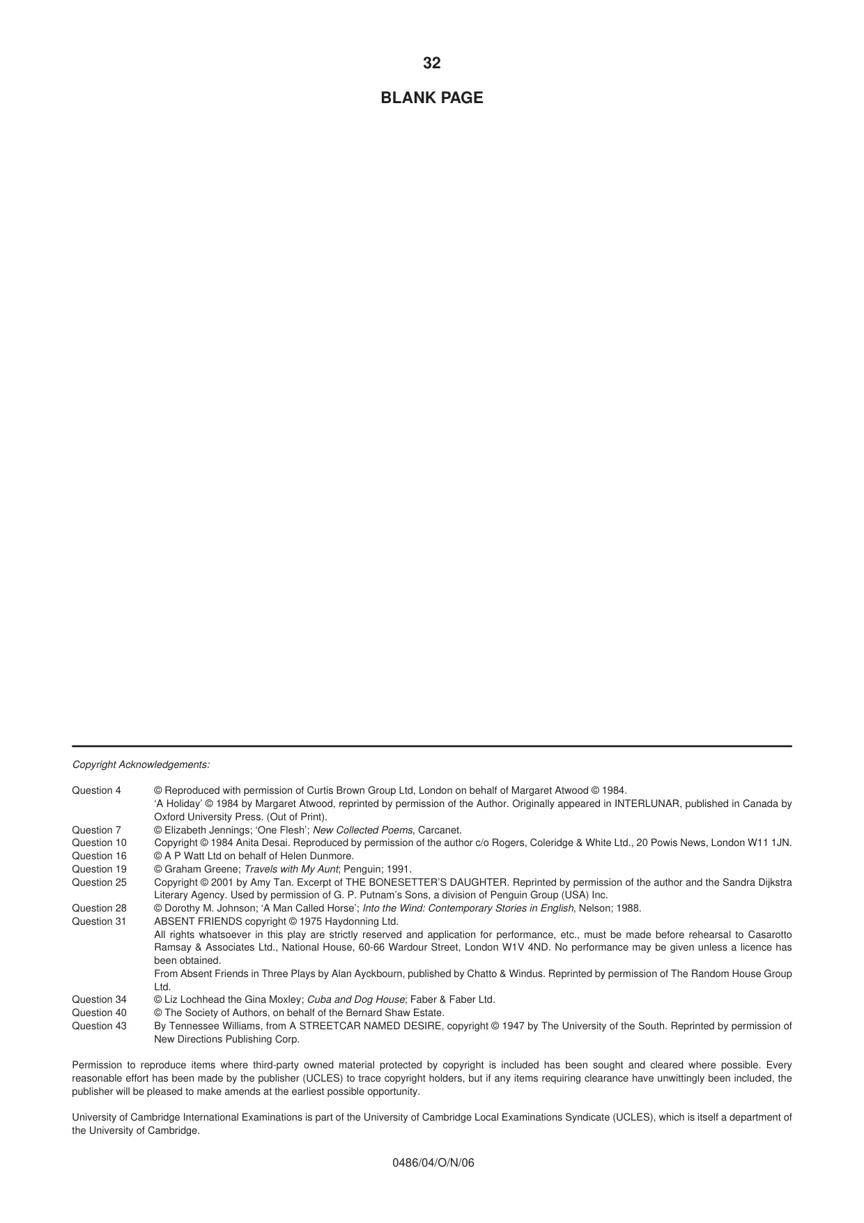 Cambridge IGCSE English - Literature 0486 2006 Oct/Nov Paper 4 · Variant 1 question paper, page 32 of 32