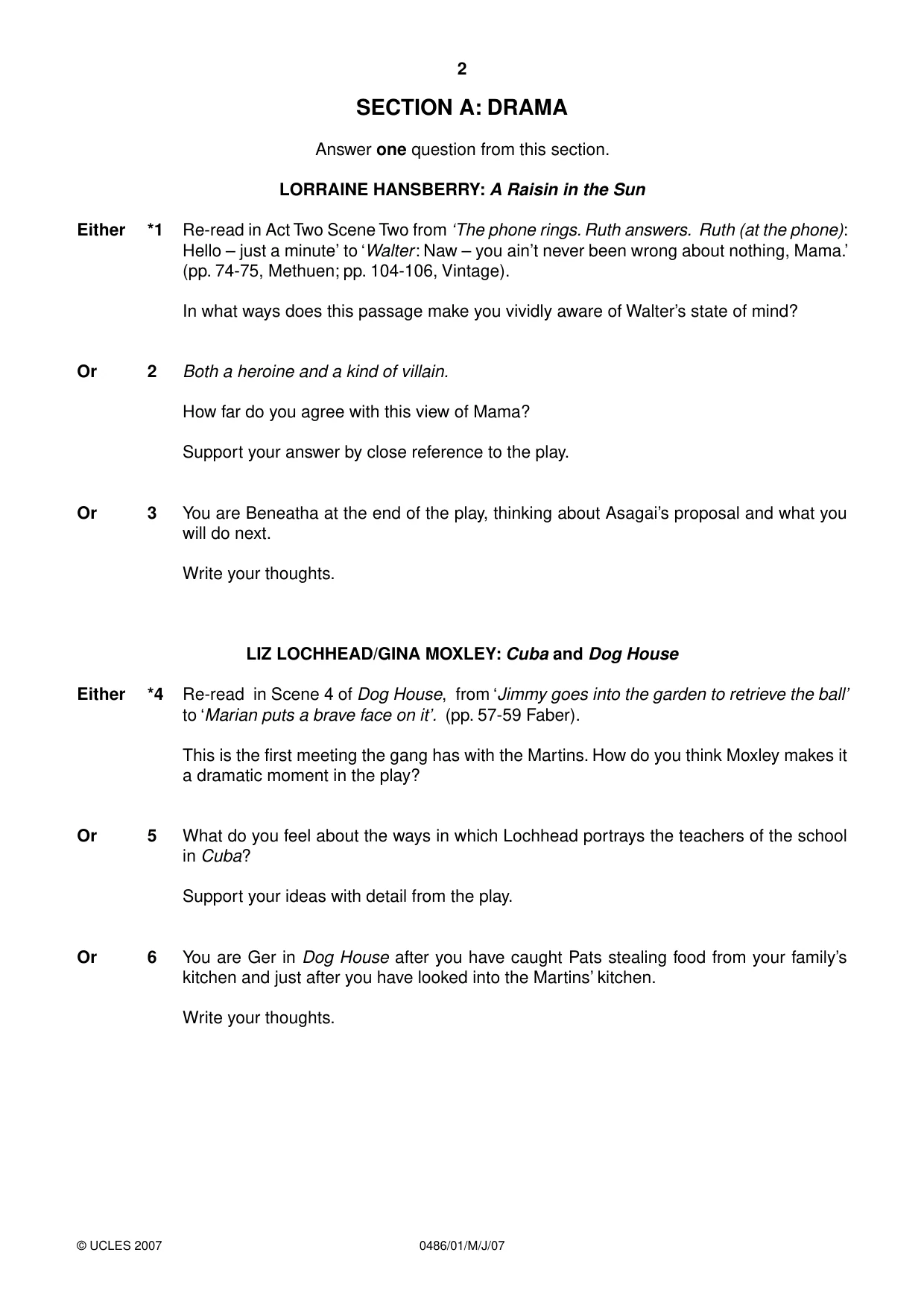Cambridge IGCSE English - Literature 0486 2007 May/June Paper 1 · Variant 1 question paper, page 2 of 12