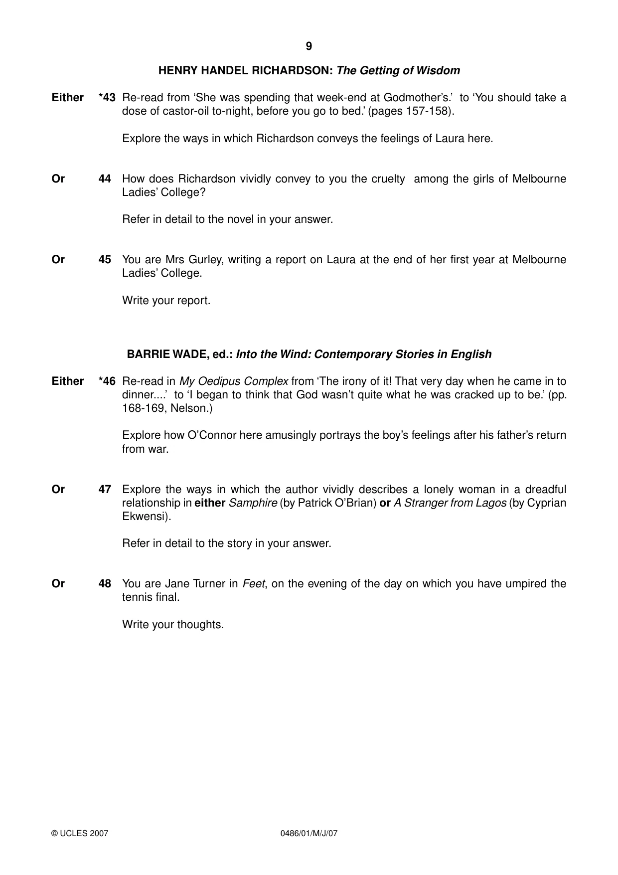 Cambridge IGCSE English - Literature 0486 2007 May/June Paper 1 · Variant 1 question paper, page 9 of 12
