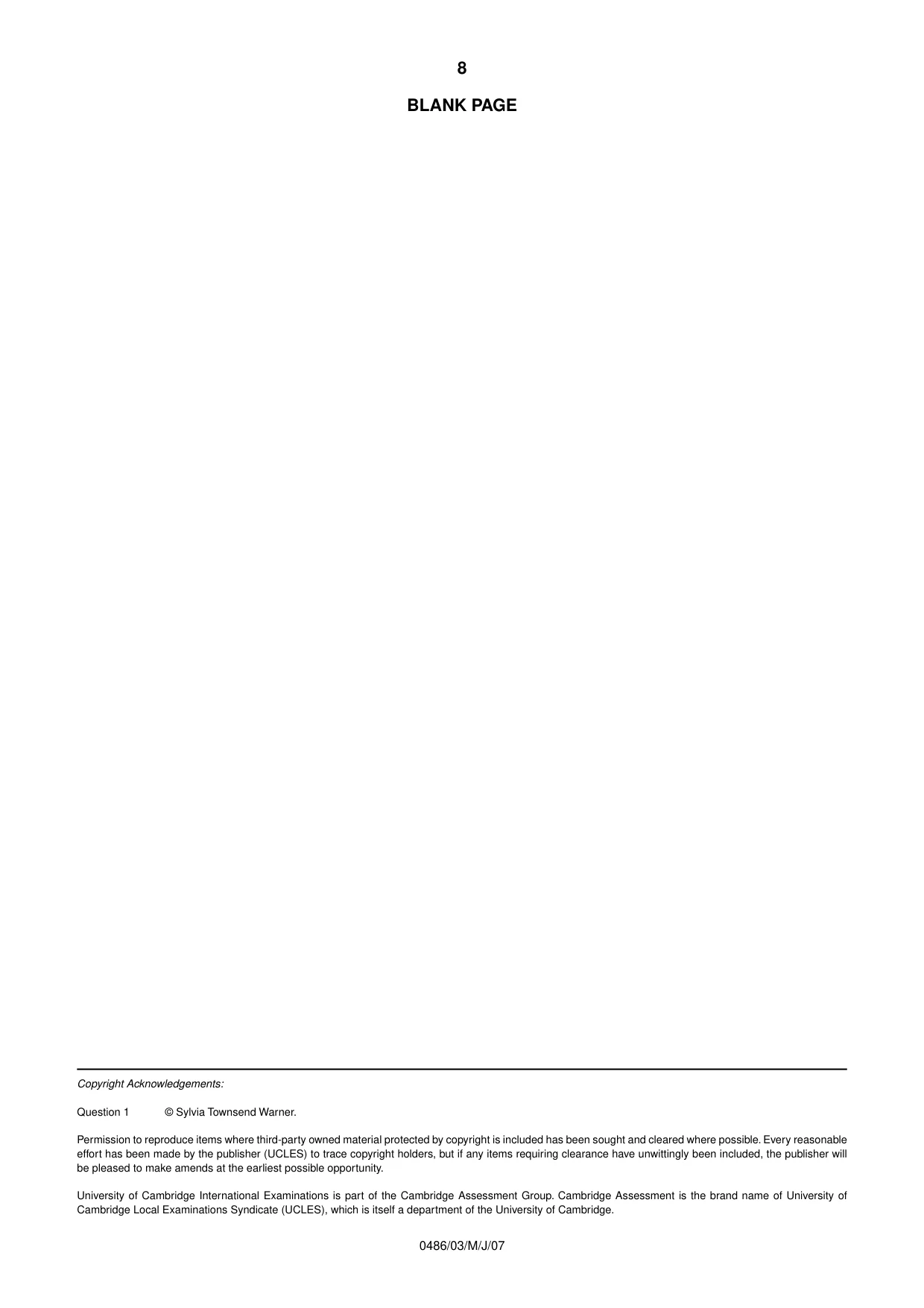 Cambridge IGCSE English - Literature 0486 2007 May/June Paper 3 · Variant 1 question paper, page 8 of 8