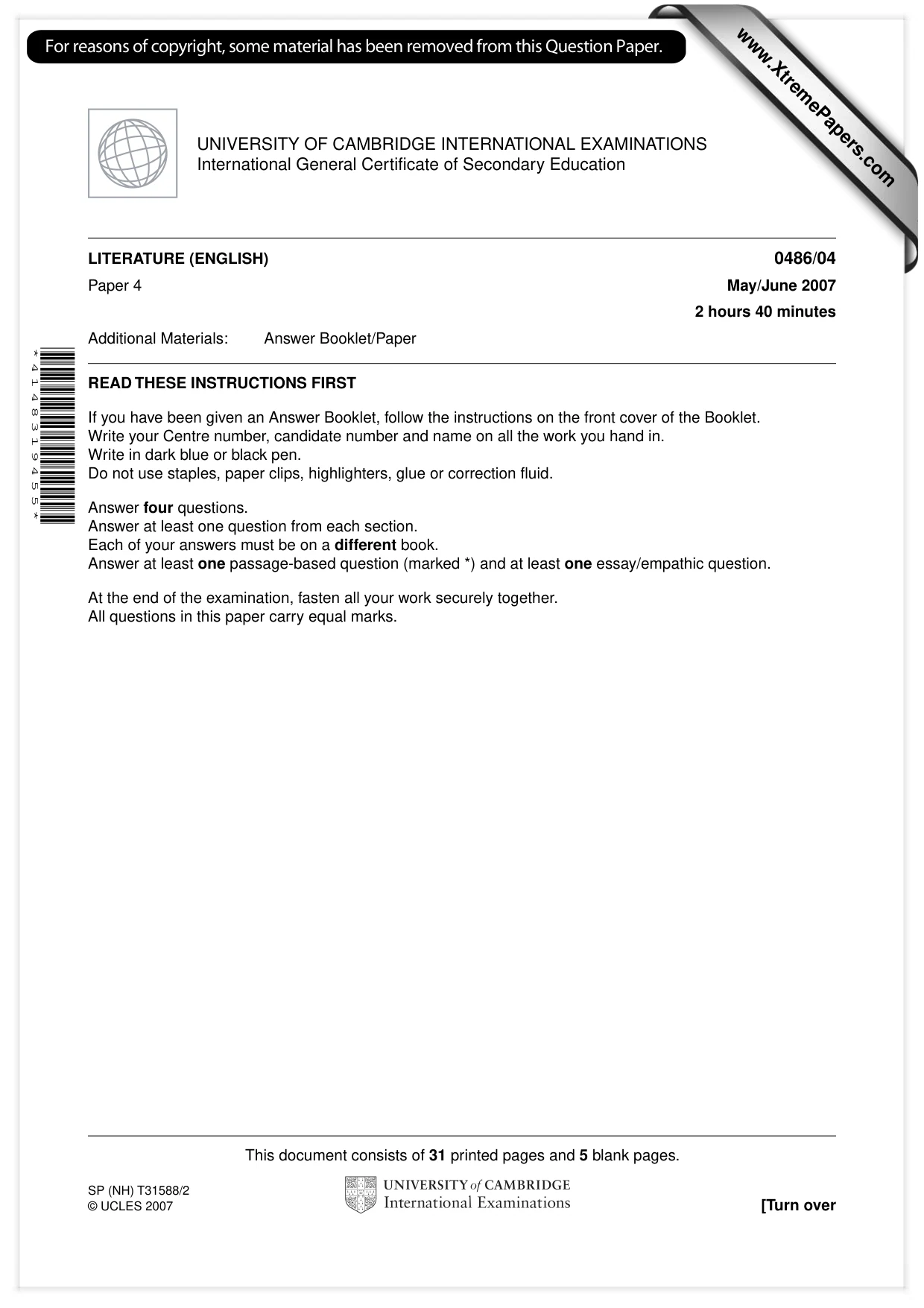 Cambridge IGCSE English - Literature 0486 2007 May/June Paper 4 · Variant 1 question paper, page 1 of 34