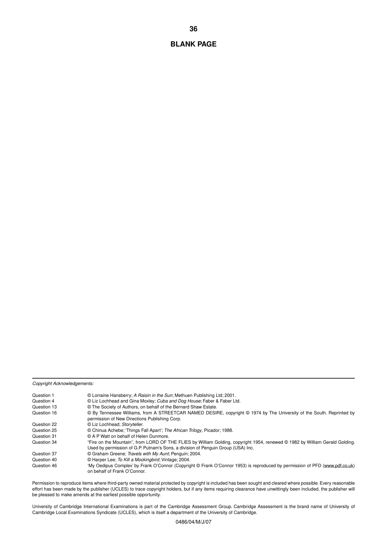 Cambridge IGCSE English - Literature 0486 2007 May/June Paper 4 · Variant 1 question paper, page 34 of 34