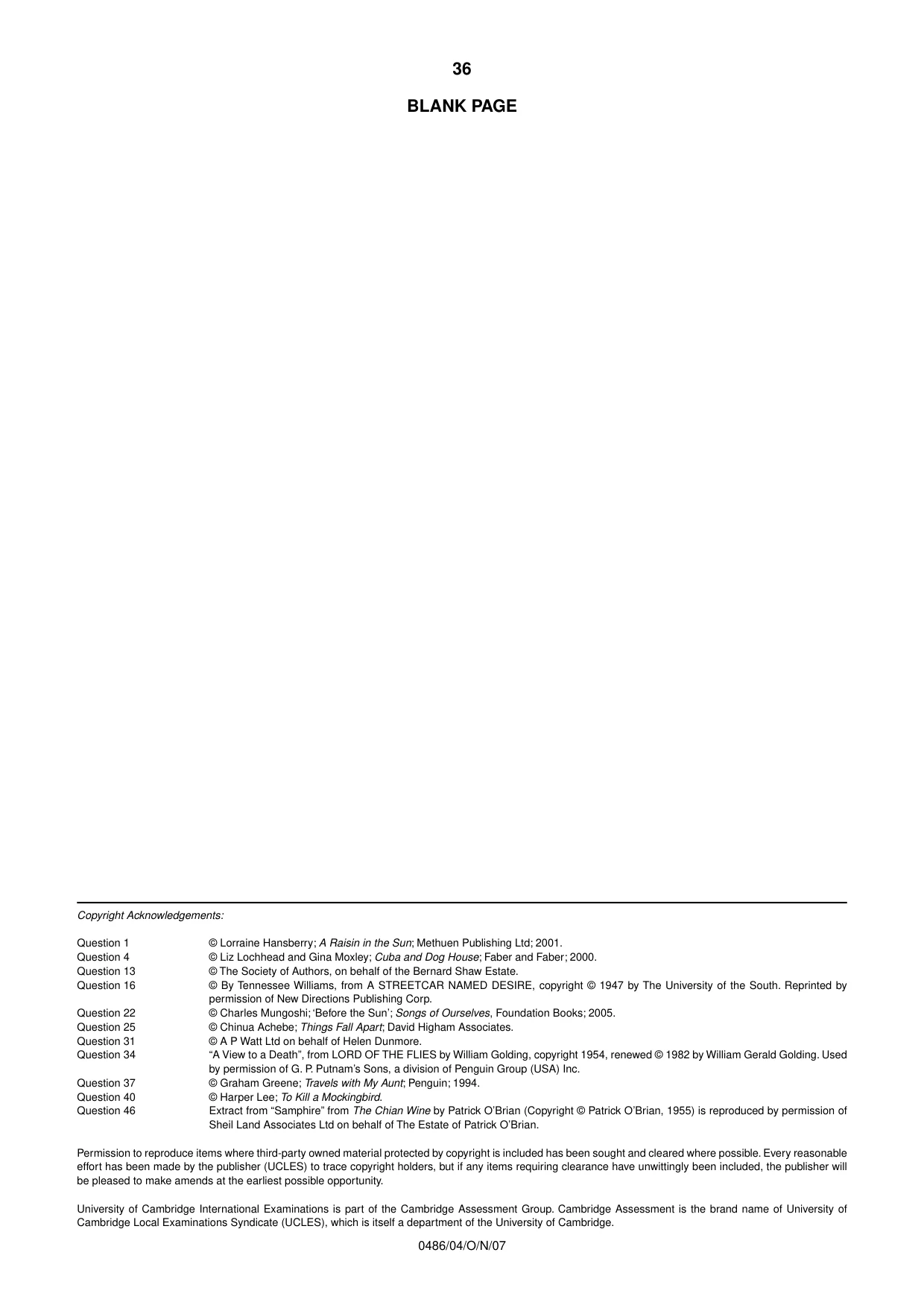 Cambridge IGCSE English - Literature 0486 2007 Oct/Nov Paper 4 · Variant 0 question paper, page 34 of 34