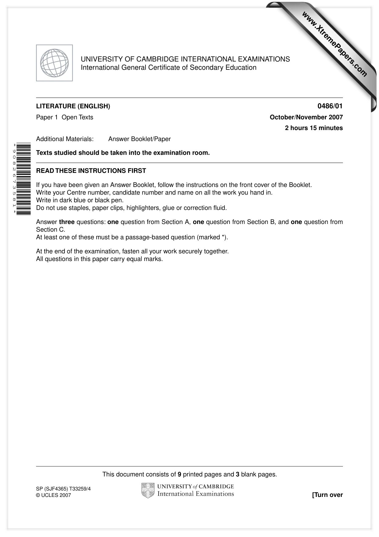 Cambridge IGCSE English - Literature 0486 2007 Oct/Nov Paper 1 · Variant 1 question paper, page 1 of 12