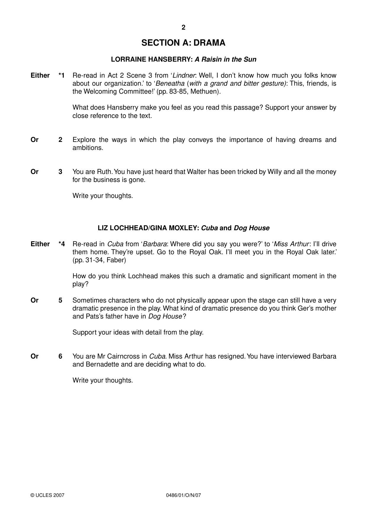Cambridge IGCSE English - Literature 0486 2007 Oct/Nov Paper 1 · Variant 1 question paper, page 2 of 12