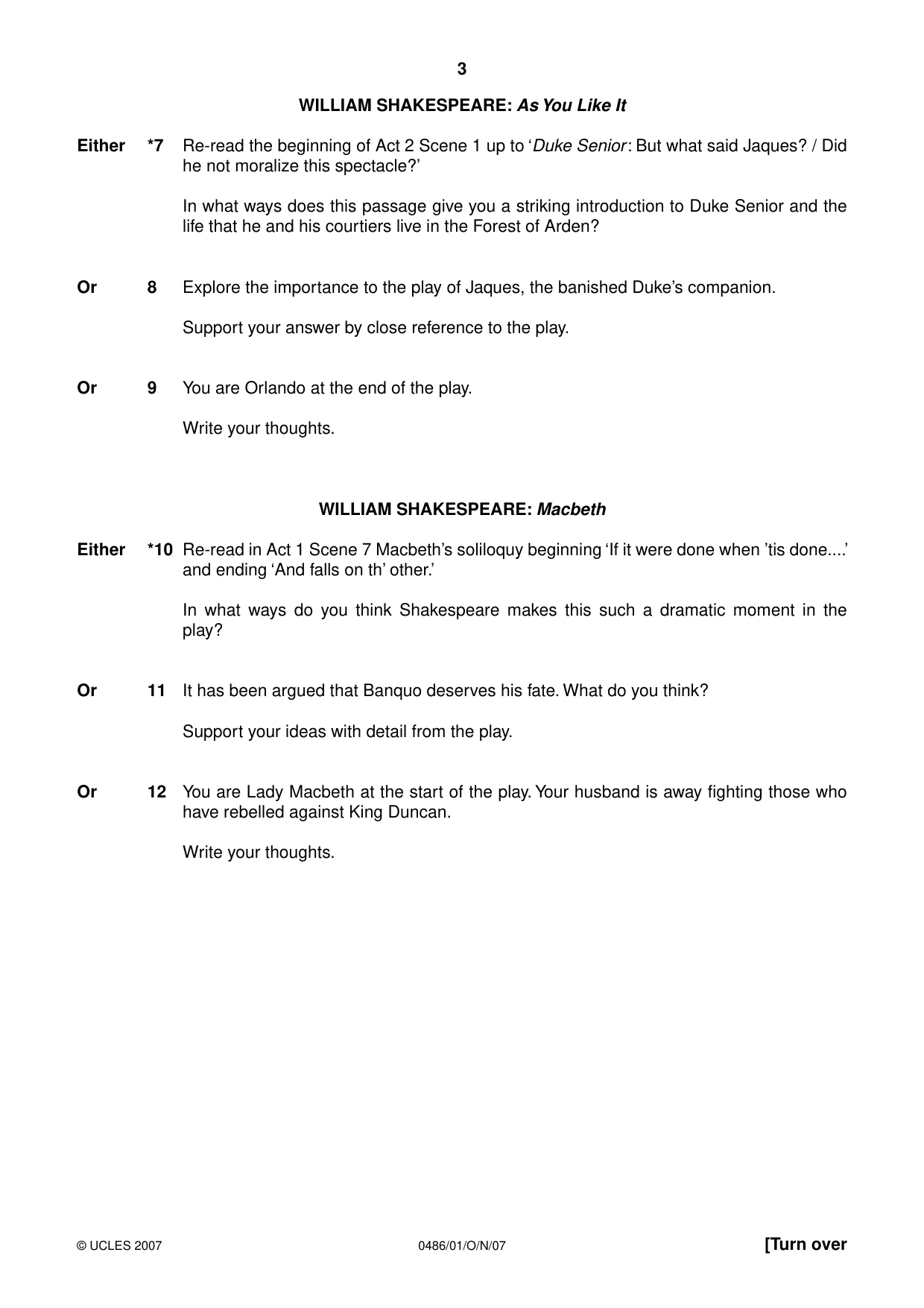 Cambridge IGCSE English - Literature 0486 2007 Oct/Nov Paper 1 · Variant 1 question paper, page 3 of 12