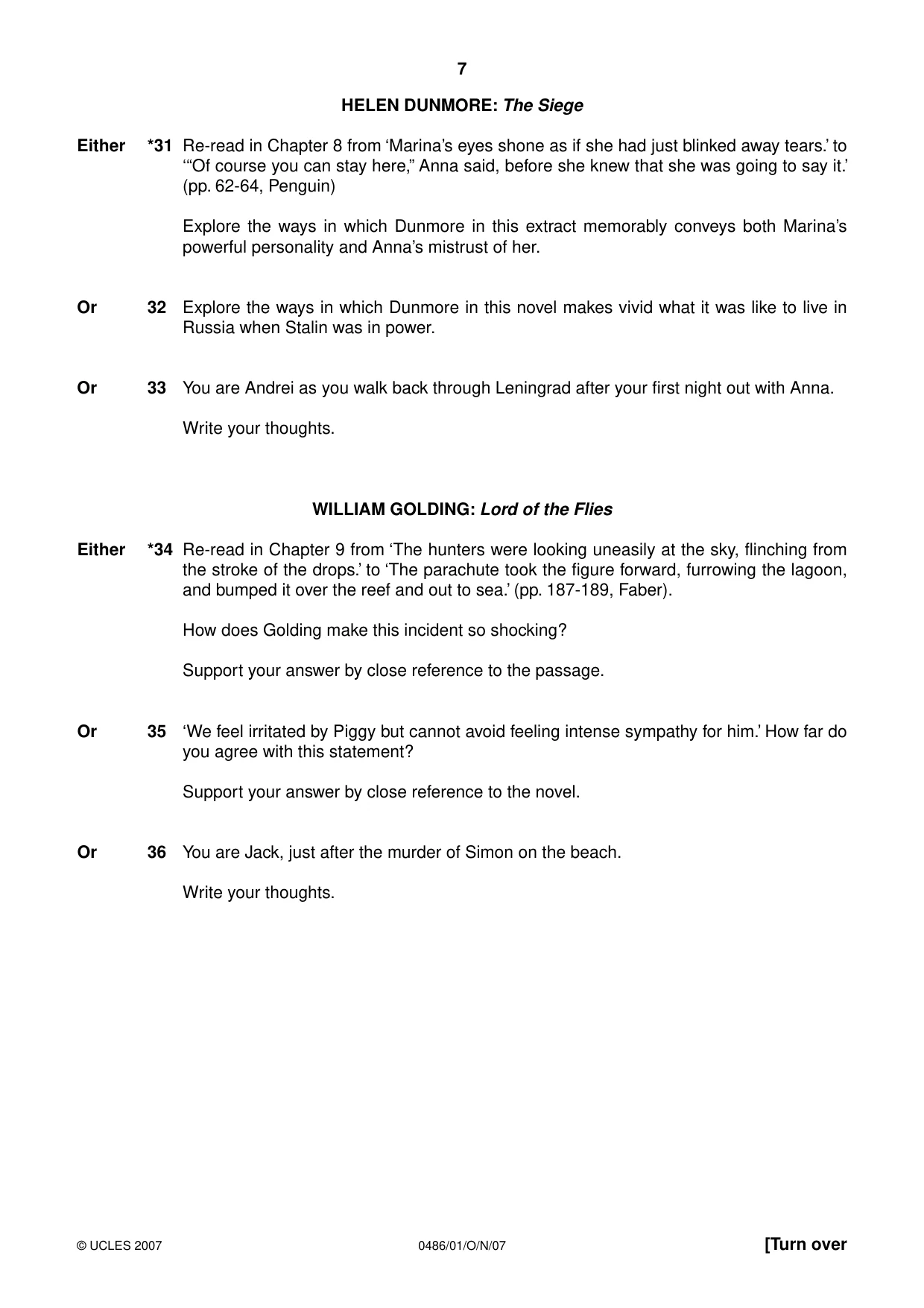 Cambridge IGCSE English - Literature 0486 2007 Oct/Nov Paper 1 · Variant 1 question paper, page 7 of 12