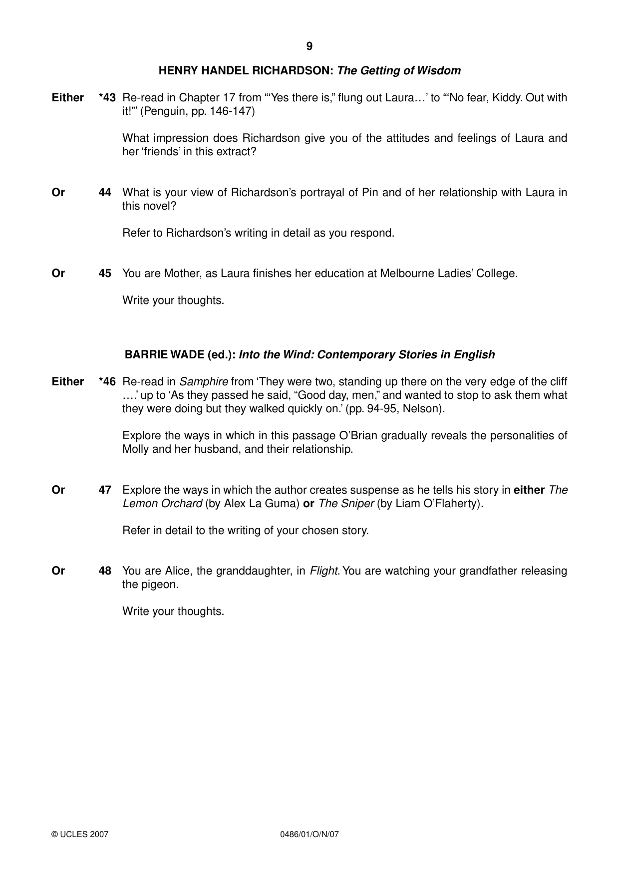 Cambridge IGCSE English - Literature 0486 2007 Oct/Nov Paper 1 · Variant 1 question paper, page 9 of 12