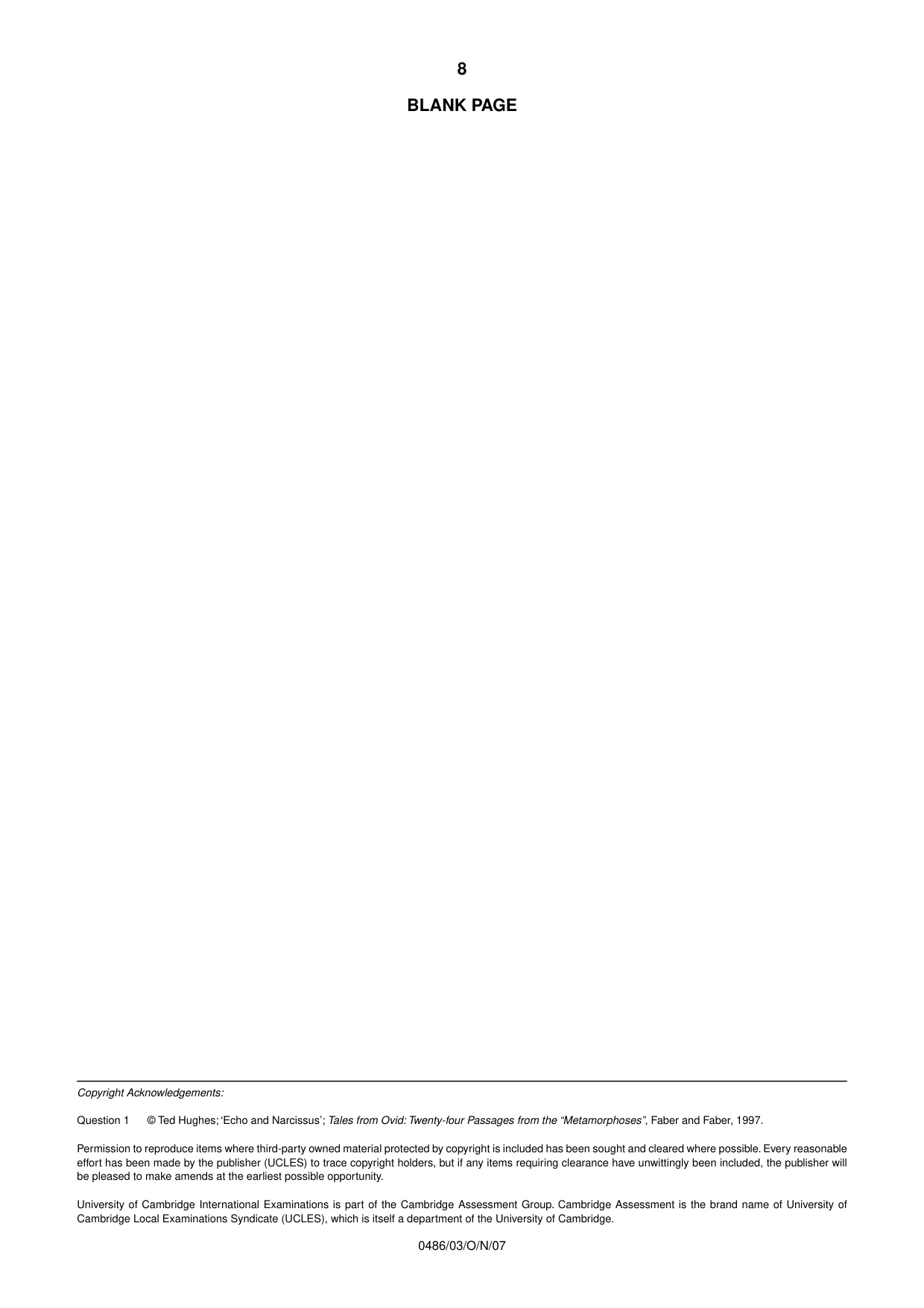 Cambridge IGCSE English - Literature 0486 2007 Oct/Nov Paper 3 · Variant 1 question paper, page 8 of 8