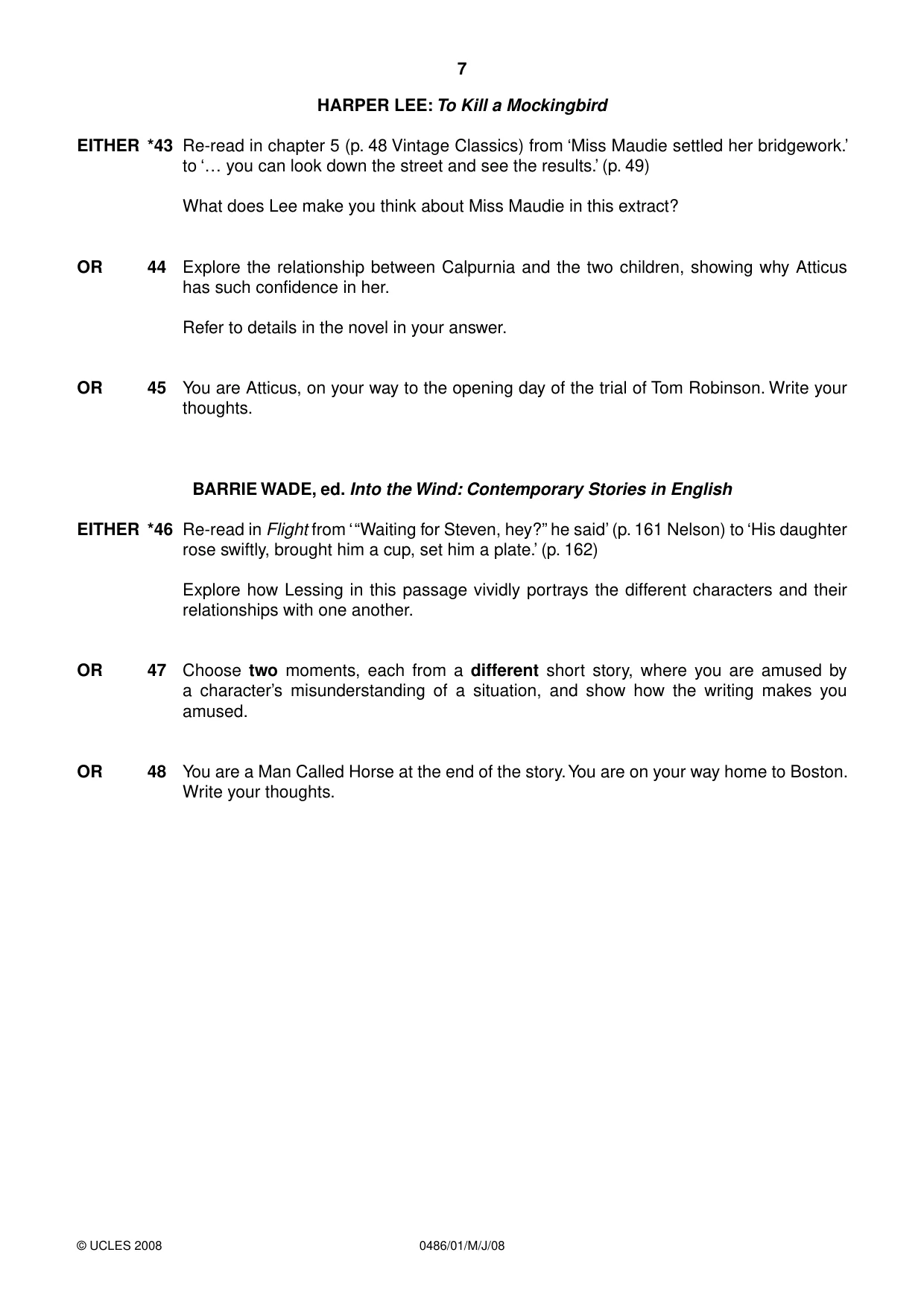 Cambridge IGCSE English - Literature 0486 2008 May/June Paper 1 · Variant 1 question paper, page 7 of 8